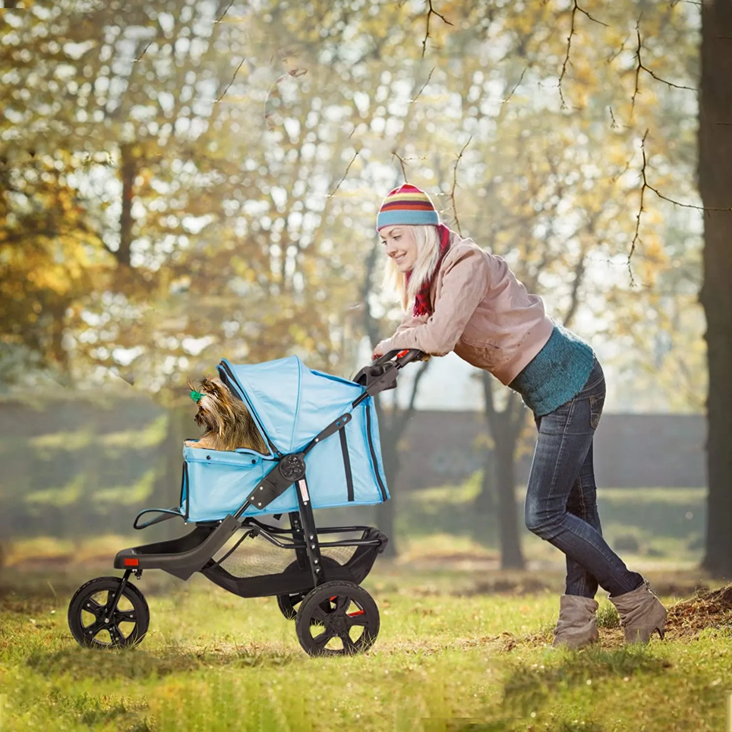 3-Wheels pet Stroller, Foldable Jogger Pet Stroller with Storage Basket, Blue