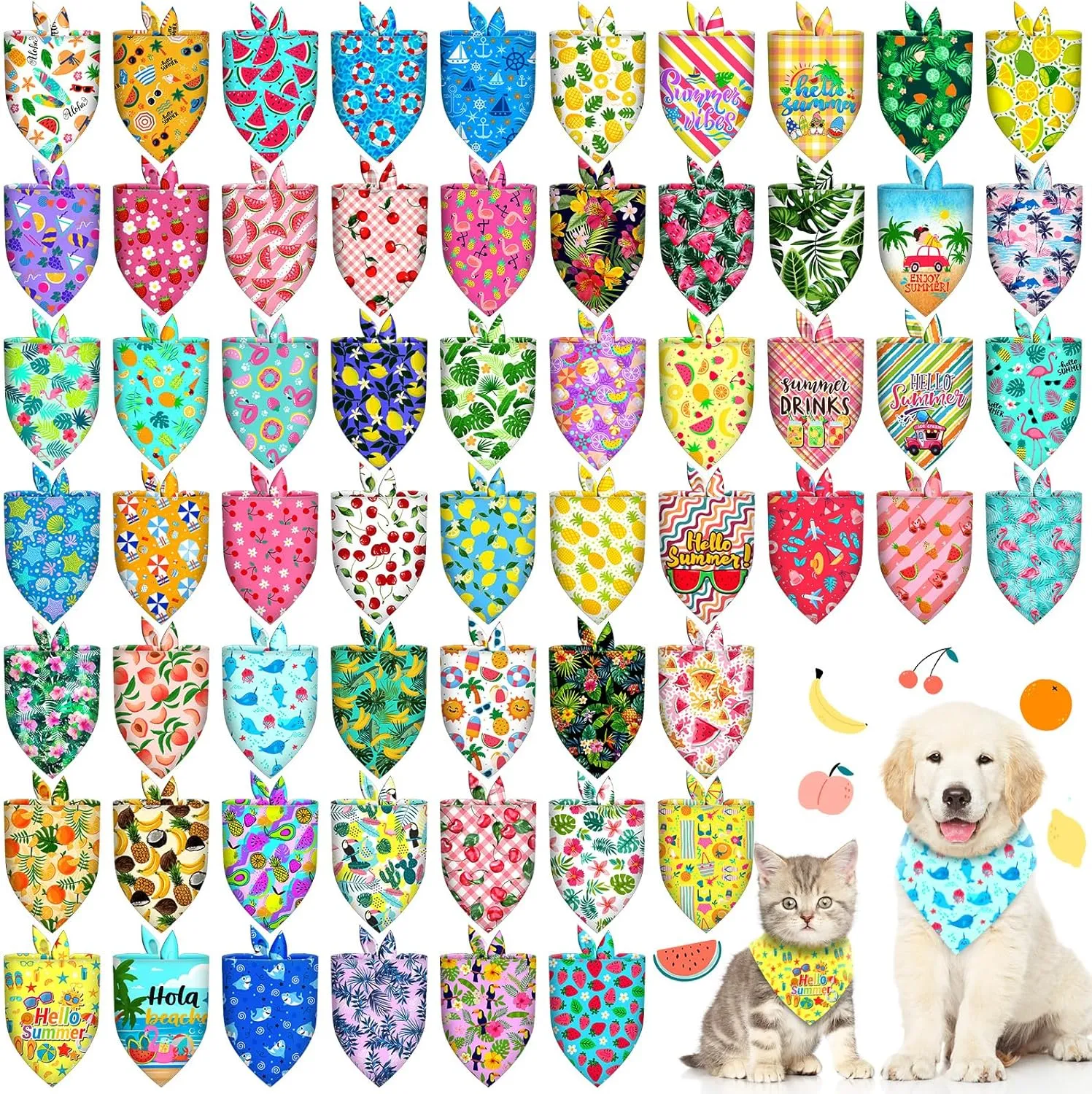 60Pcs Spring Summer Dog Bandanas Bulk Hawaiian Dog Scarves Hawaii Fruit Triangle Puppy Bandanas Washable Adjustable Pet Bandana for Small Medium Large Dog Puppy Pet Grooming Accessories