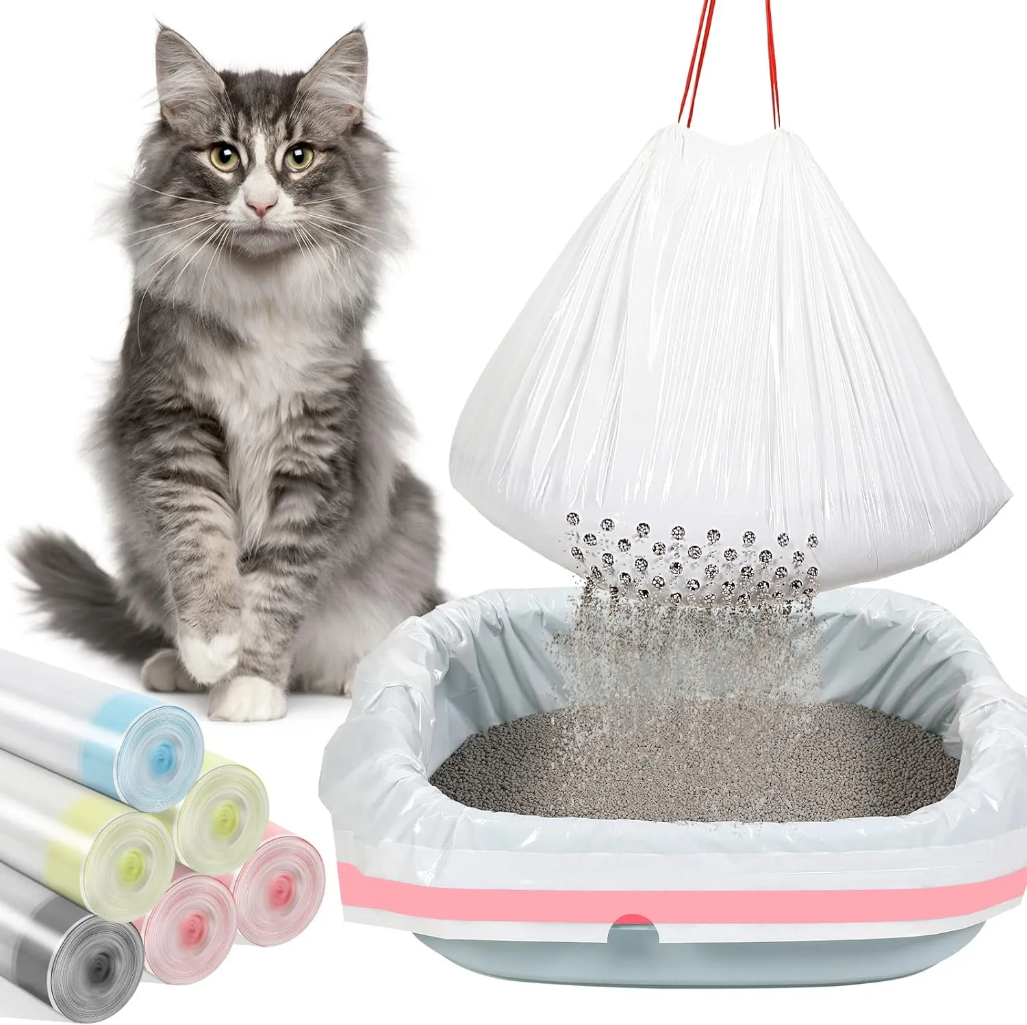 84 Count Sifting Cat Litter Box Liners with Holes Extra Large Cat Litter Bags Jumbo Thick Pan Liners with Drawstring, 36 x 18 Inch