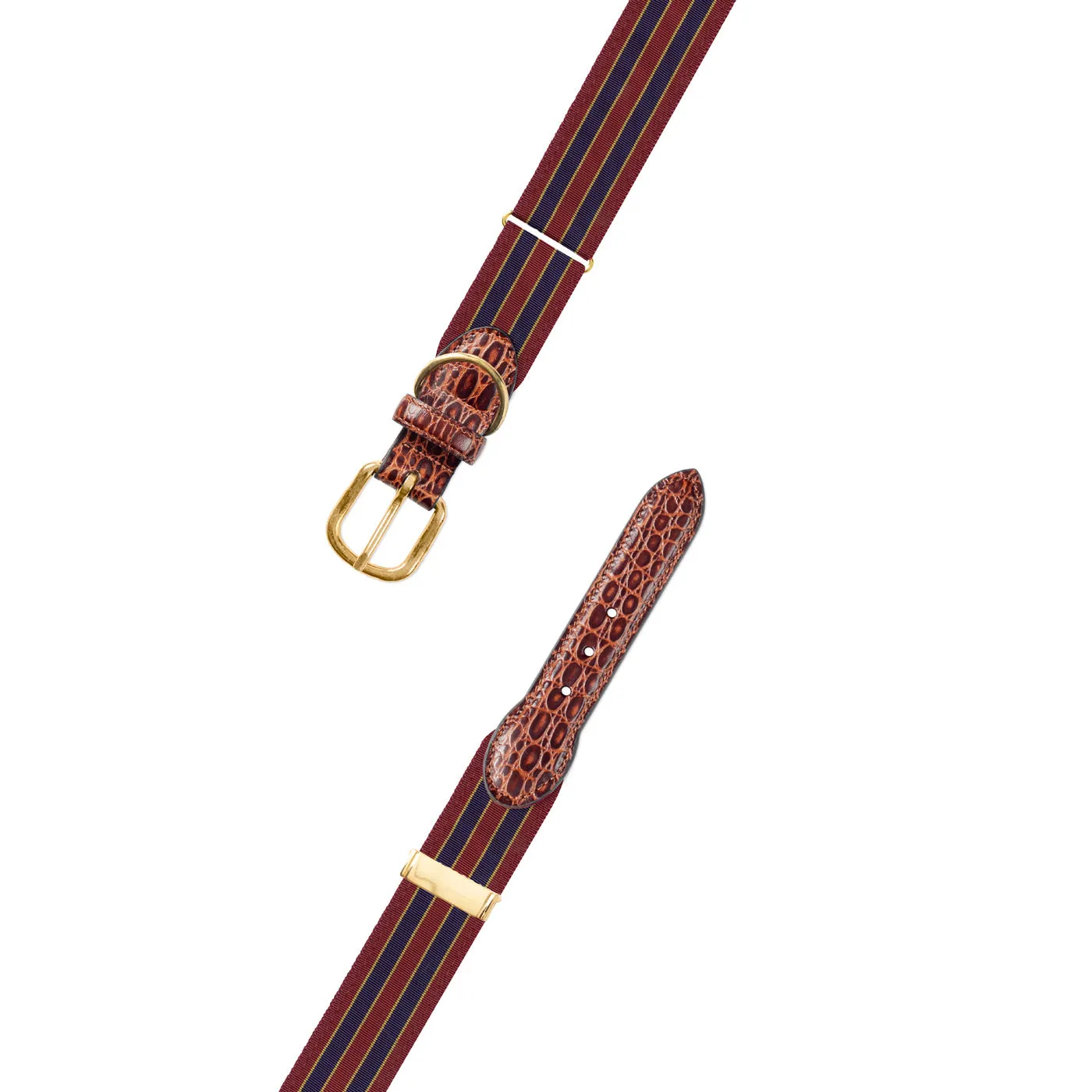 Adjustable Brick, Navy & Gold Grosgrain Dog Collar with Embossed Calf Tabs