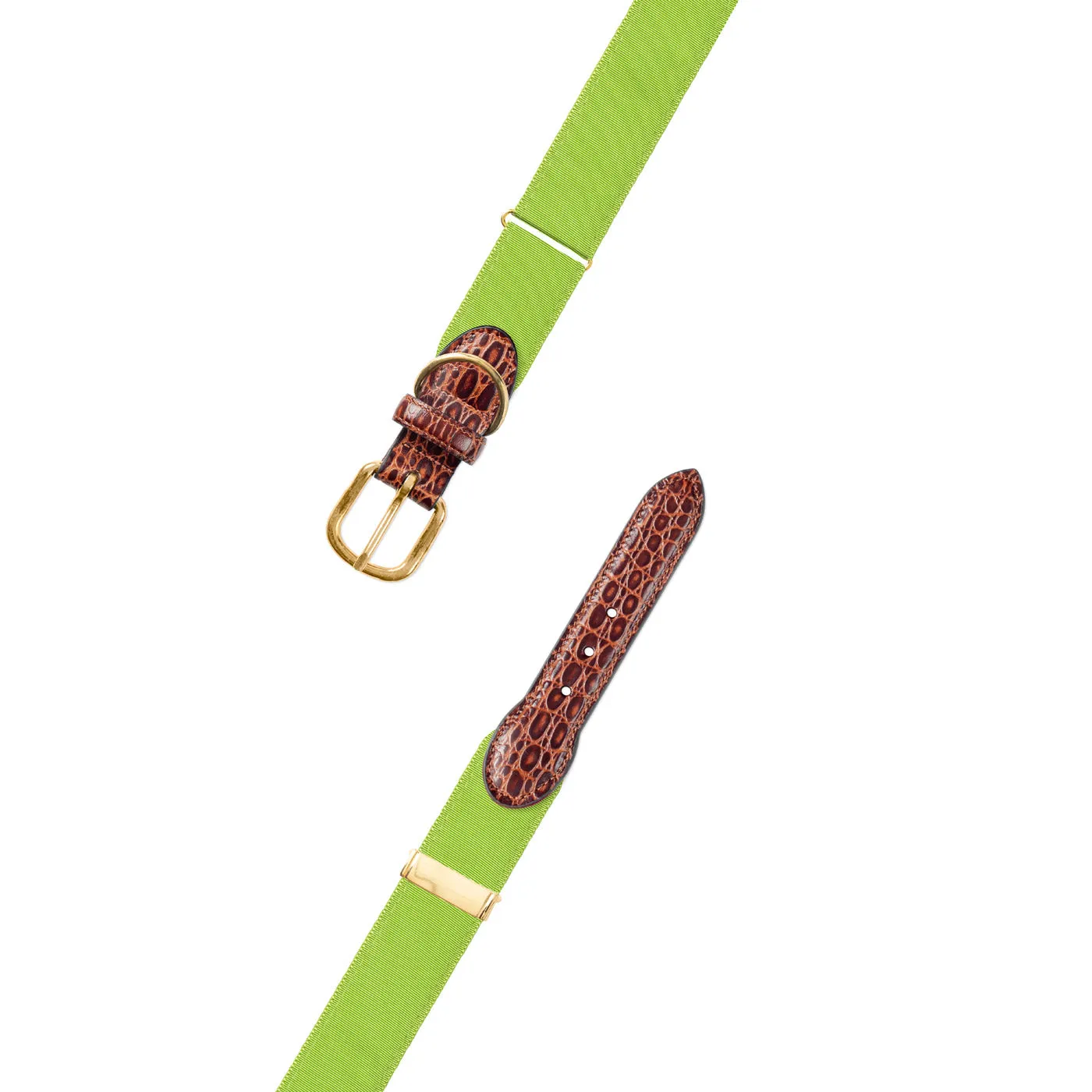 Adjustable Grass Green Grosgrain Dog Collar with Embossed Calf Tabs
