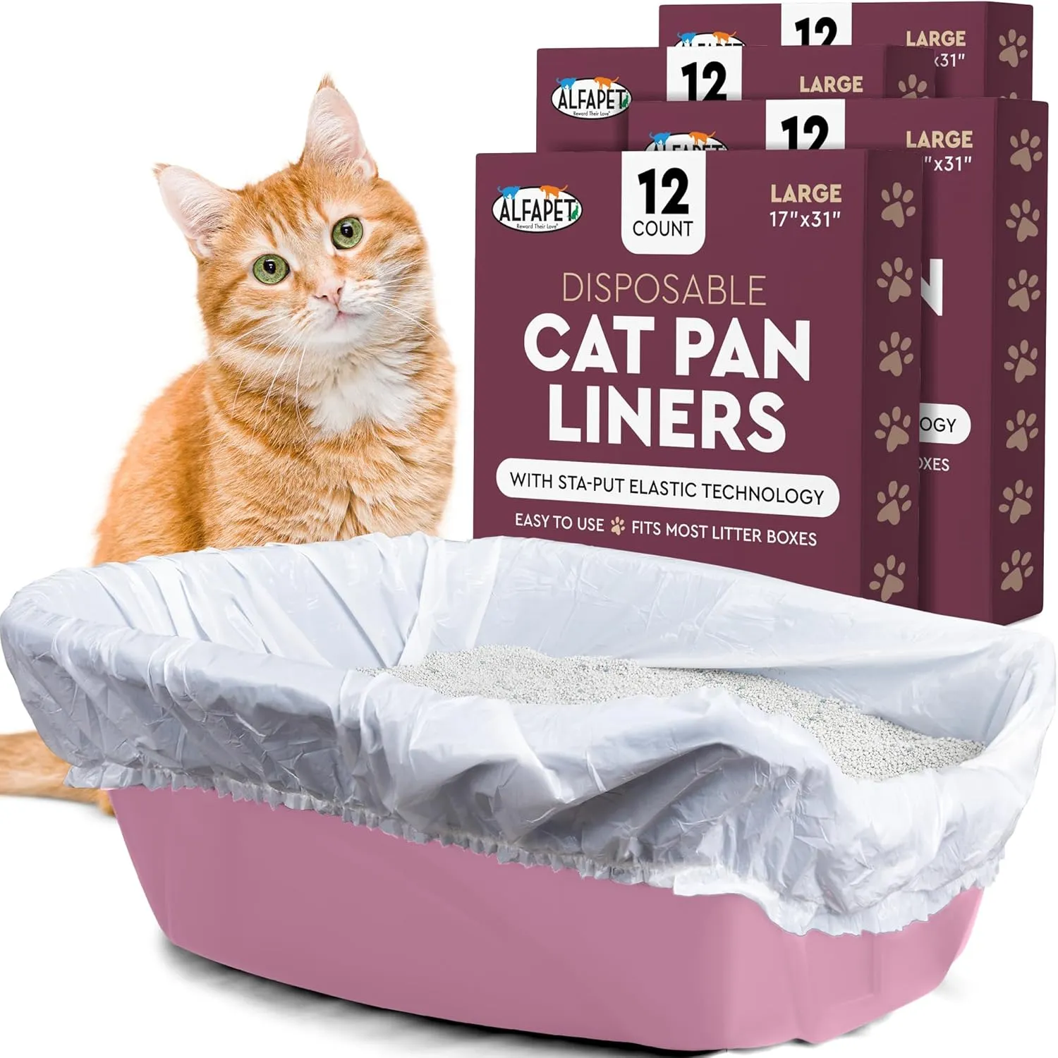 Alfapet Kitty Cat Litter box Disposable, Elastic Liners- 48-count-For Medium and Large, Size Litter Pans- With Sta-Put Technology for Firm, Easy Fit- Quick   Clever Waste Cleaners 4 pack