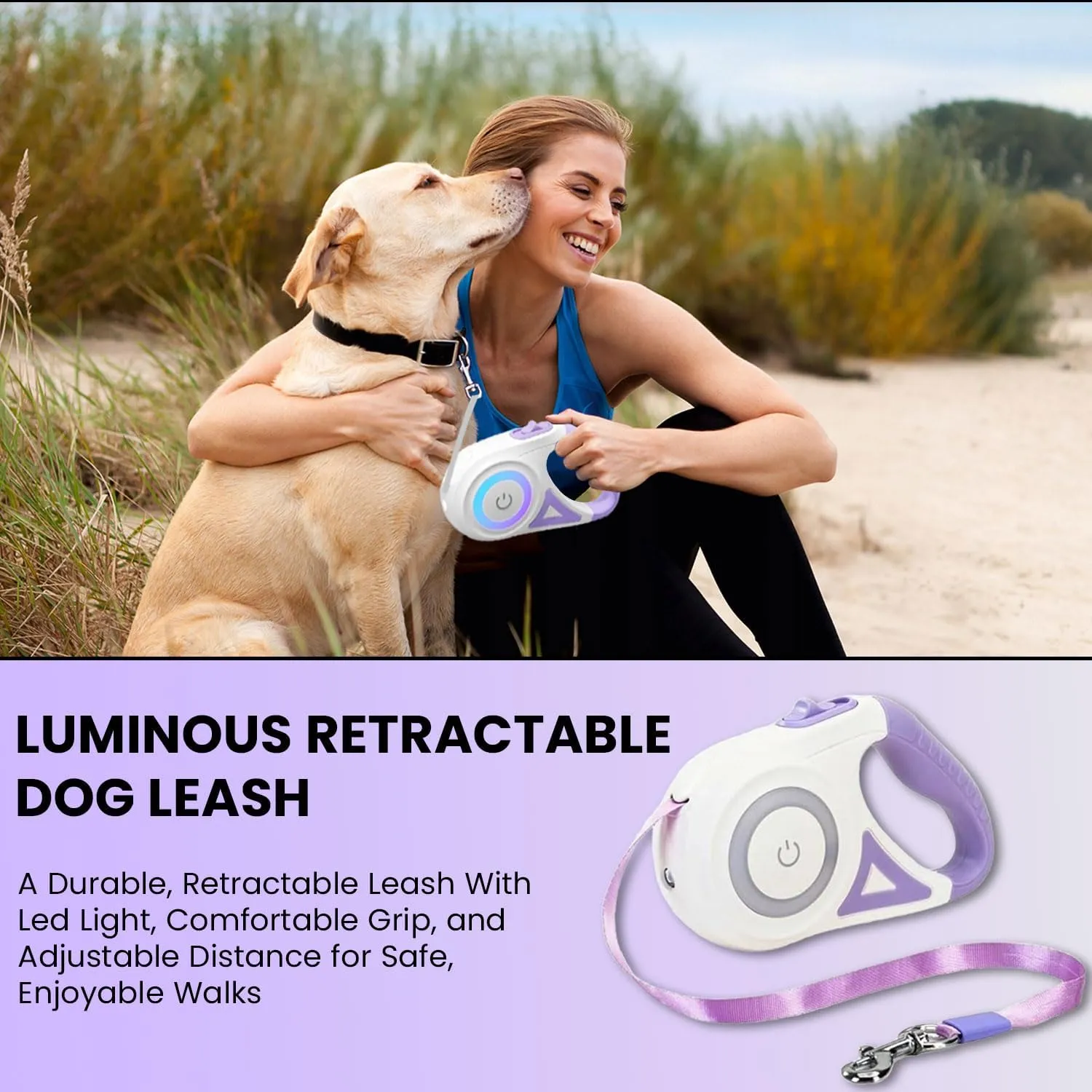 Best Dog Supplies Luminous Retractable Dog Leash with Front Safety Led Light - 360Tangle-Free Training Leash for Ultimum Freedom with Anti Slip Handle Dogs & Cats - Purple