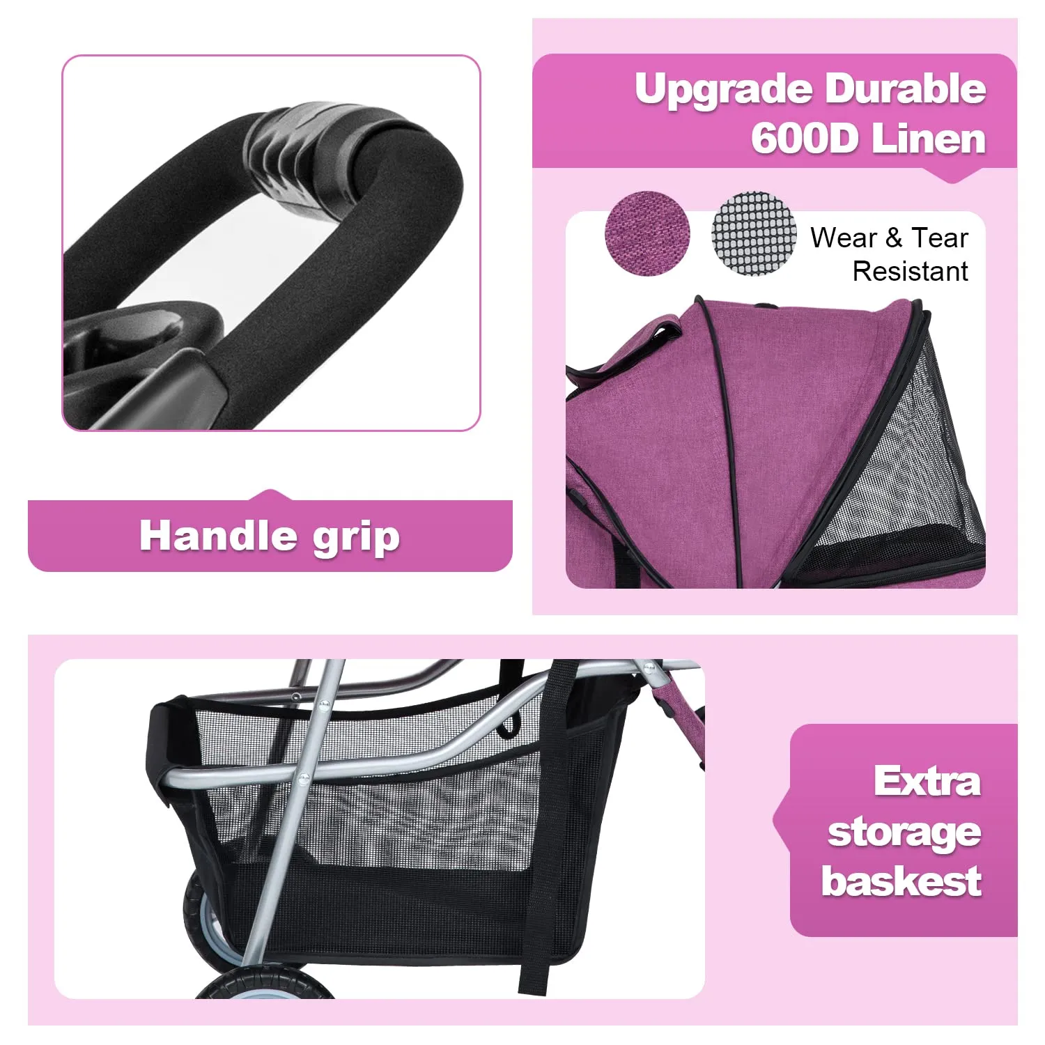 BestPet 3Wheels Pet Dog Stroller for Folding Lightweight Cat Travel Stroller with Cup Holder,Purple