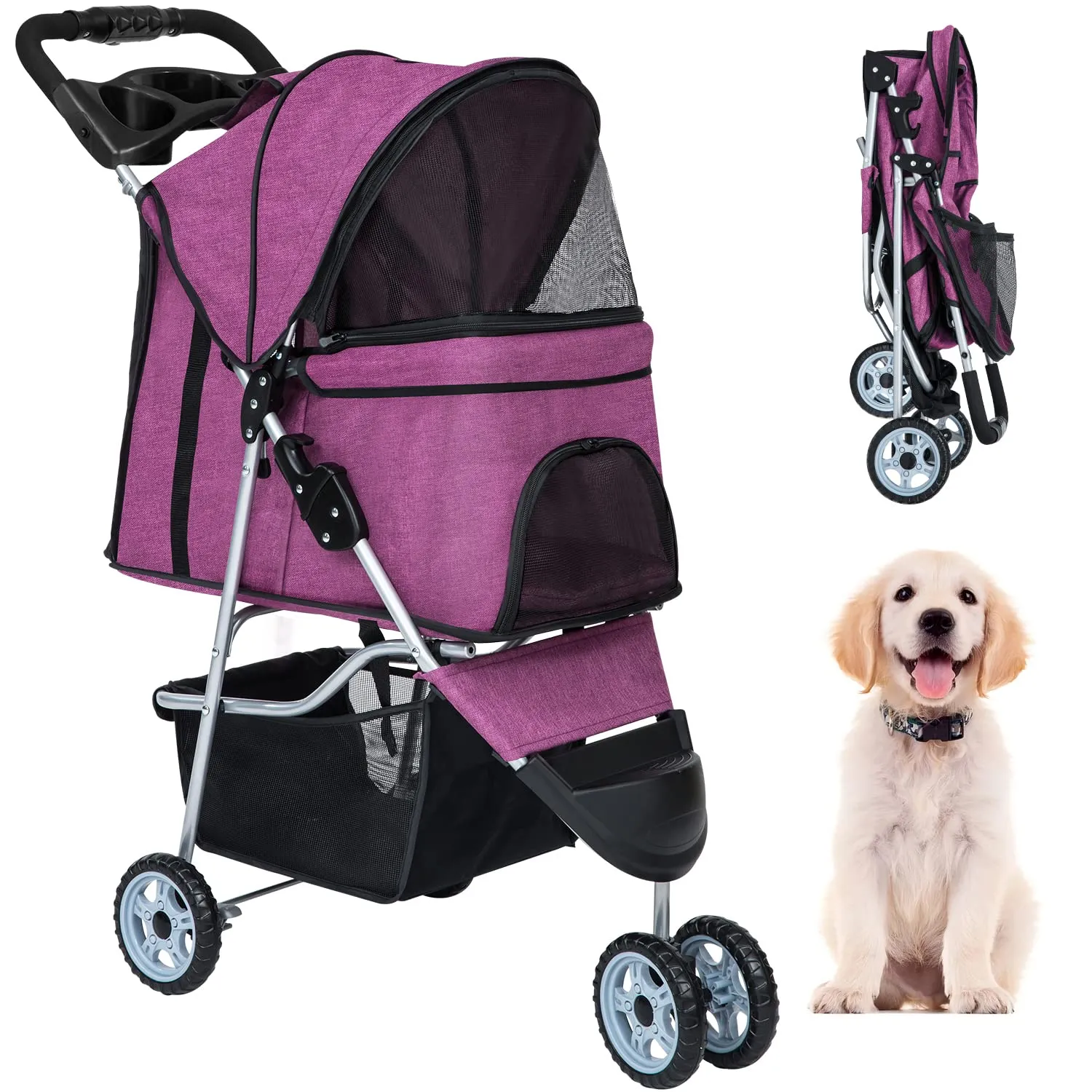 BestPet 3Wheels Pet Dog Stroller for Folding Lightweight Cat Travel Stroller with Cup Holder,Purple