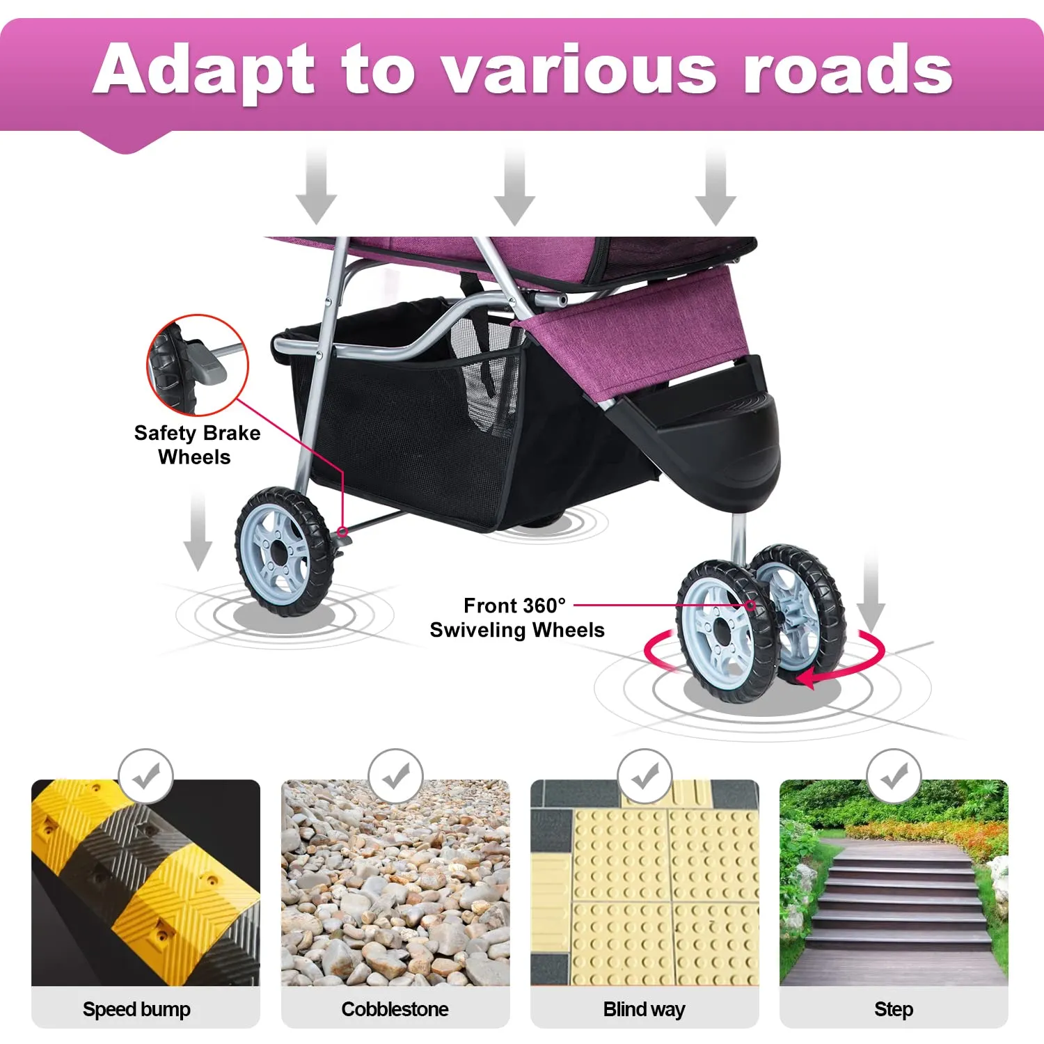 BestPet 3Wheels Pet Dog Stroller for Folding Lightweight Cat Travel Stroller with Cup Holder,Purple