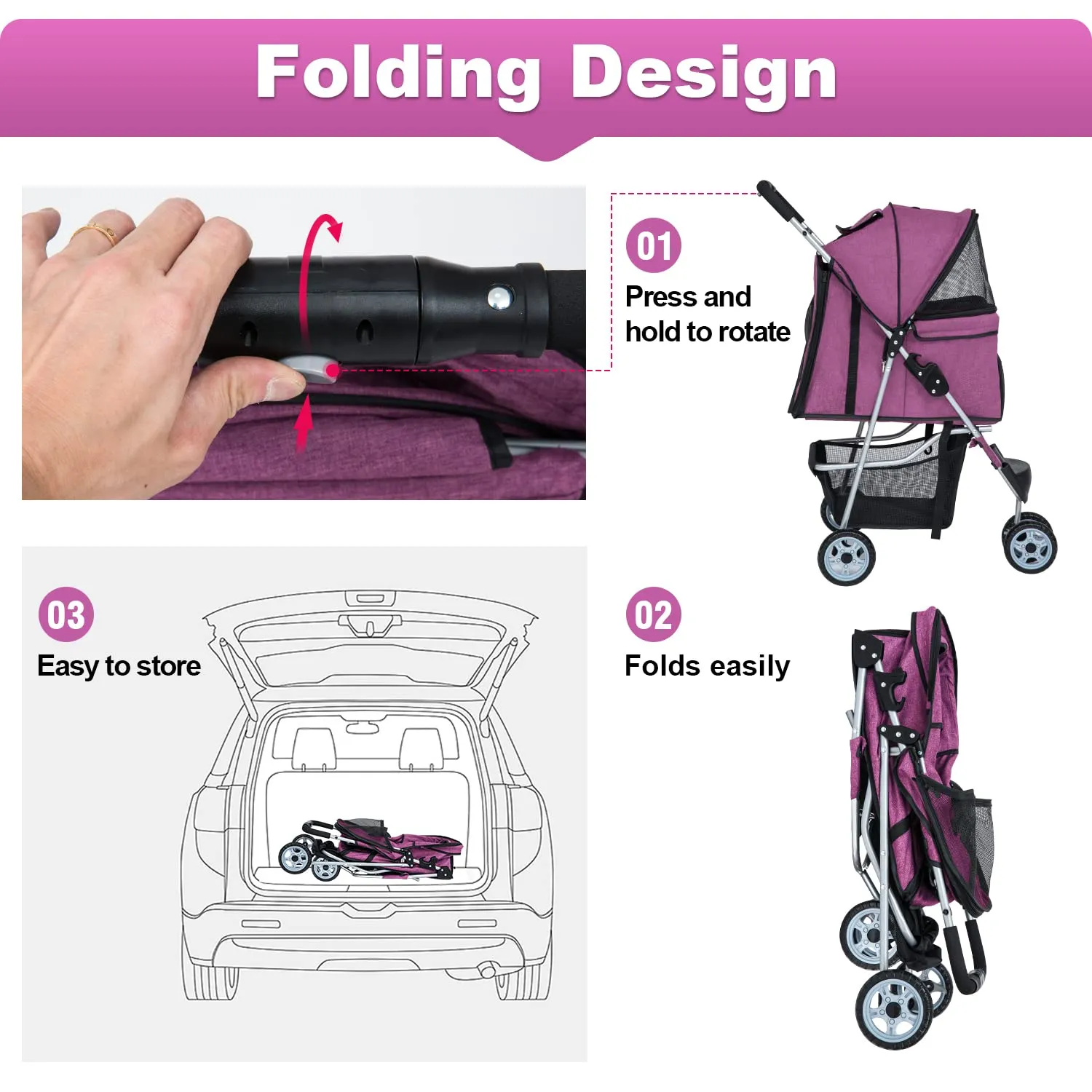 BestPet 3Wheels Pet Dog Stroller for Folding Lightweight Cat Travel Stroller with Cup Holder,Purple