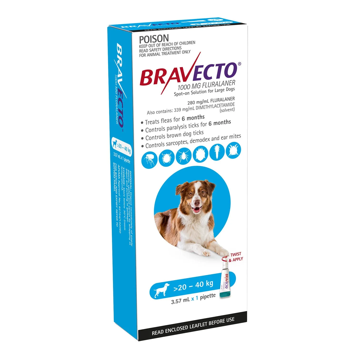Bravecto Flea & Tick Treatment for Dogs 20-40kg Blue Spot On 1 Pack