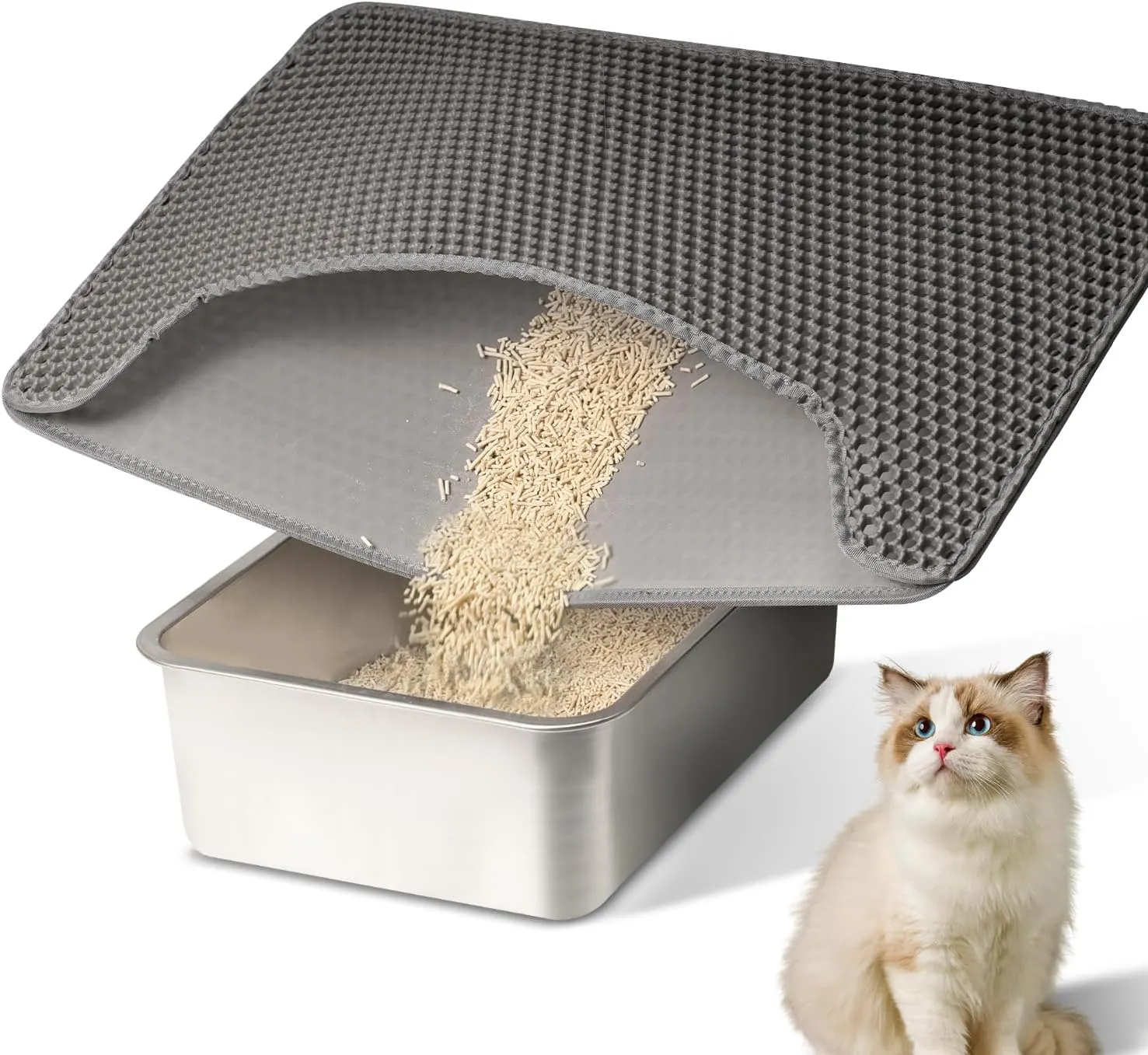 Cat Litter Mat Litter Trapping Mat,Premium Double Layer Waterproof Kitty Litter Mat,Honeycomb Design for Scatter Control,Easy to Clean Cat Mats for Litter BoxGrey,Medium,25"x15"