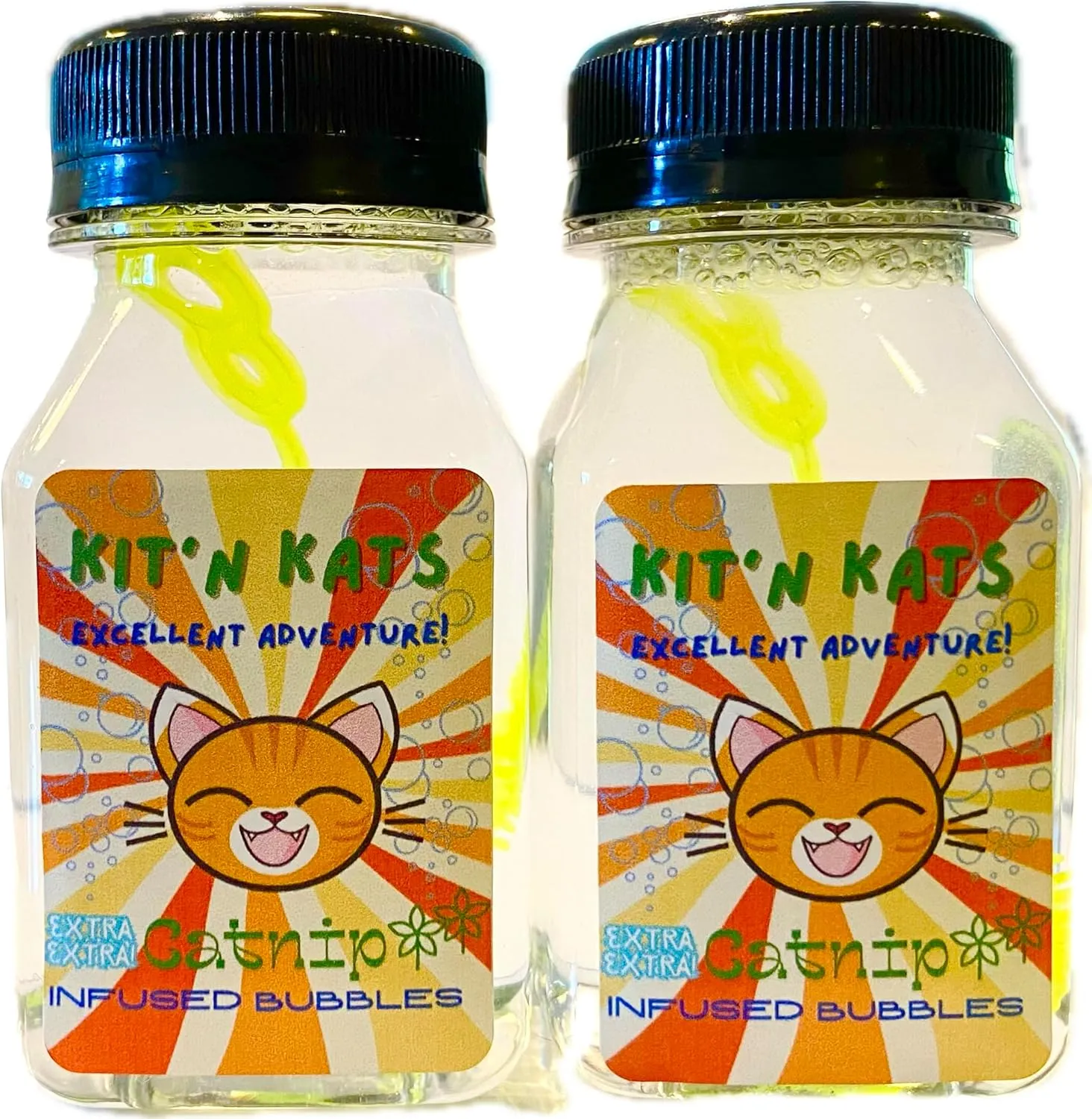 Catnip Bubbles for Cats - Kit'n Kat's Excellent Adventure - Extra Catnip - 100% Non Toxic, Tear Free, Made in USA with Pure Catnip Oil Added - Two 4 oz Bottles