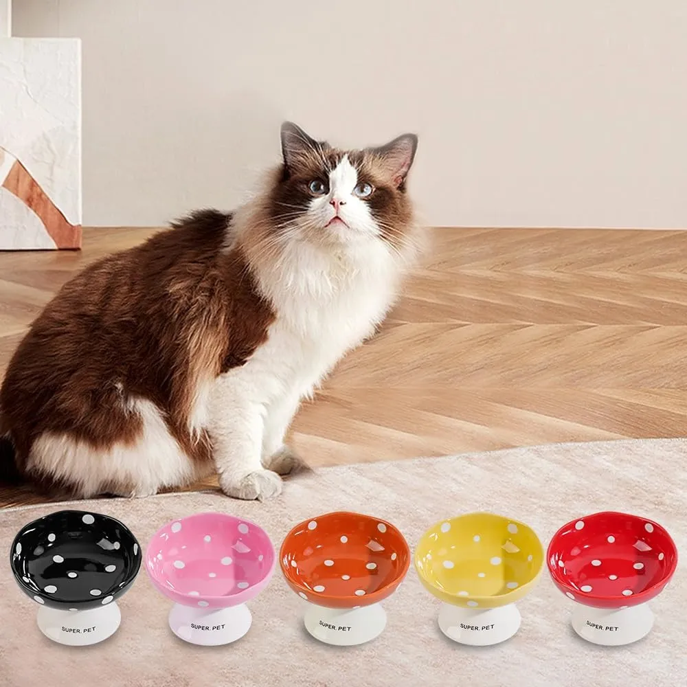 Ceramic Elevated Cat Bowls, Tilted Raised Pet Dish Anti Vomit Kitten Bowl for Indoor Cats, Whisker Friendly Pet Food and Water Bowl for Kitten, Cat, Puppies, Dishwasher Safe (Black)