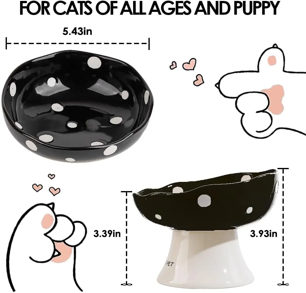 Ceramic Elevated Cat Bowls, Tilted Raised Pet Dish Anti Vomit Kitten Bowl for Indoor Cats, Whisker Friendly Pet Food and Water Bowl for Kitten, Cat, Puppies, Dishwasher Safe (Black)