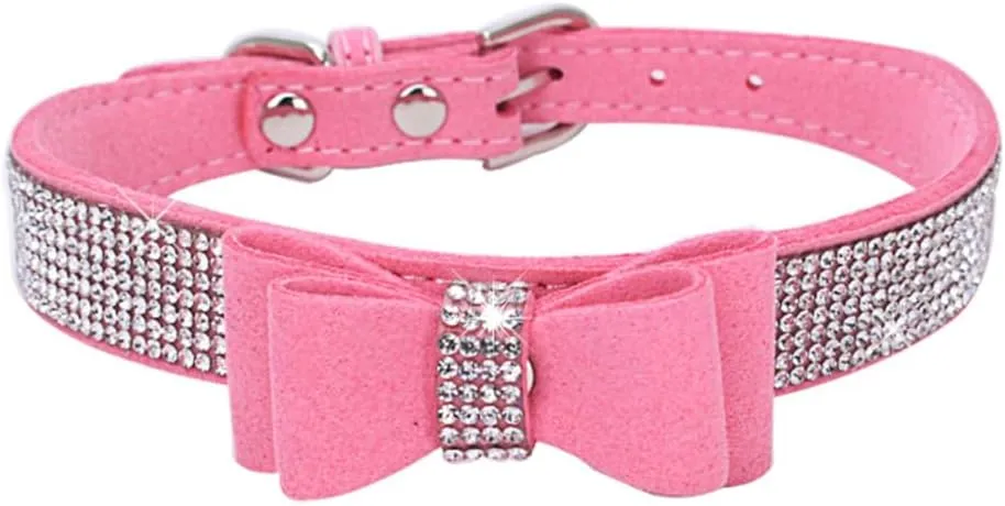 Diamond Dog Collar, Puppy Collar Girls, Bling Rhinestone Jewel Glitter Sparkly Bedazzled Cat Collars with Bow Adjustable for XXS,XS,Small Medium Large Breed Pets Female Dogs, Pink xx Small