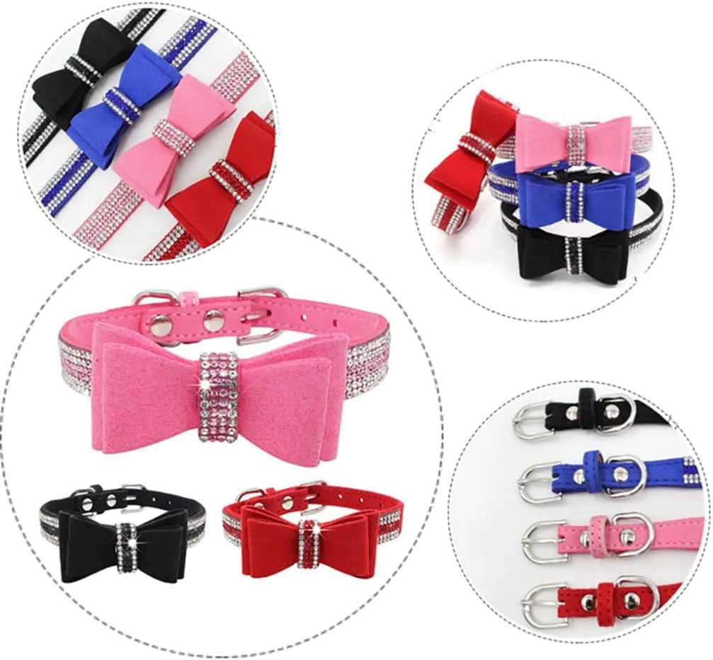 Diamond Dog Collar, Puppy Collar Girls, Bling Rhinestone Jewel Glitter Sparkly Bedazzled Cat Collars with Bow Adjustable for XXS,XS,Small Medium Large Breed Pets Female Dogs, Pink xx Small