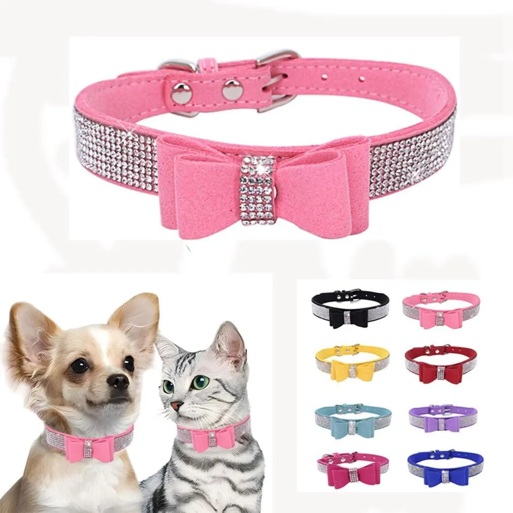 Diamond Dog Collar, Puppy Collar Girls, Bling Rhinestone Jewel Glitter Sparkly Bedazzled Cat Collars with Bow Adjustable for XXS,XS,Small Medium Large Breed Pets Female Dogs, Pink xx Small