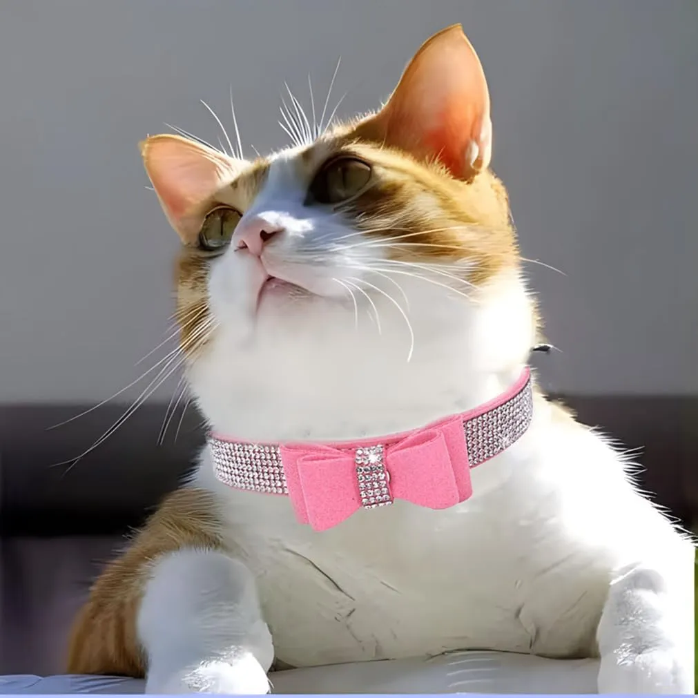 Diamond Dog Collar, Puppy Collar Girls, Bling Rhinestone Jewel Glitter Sparkly Bedazzled Cat Collars with Bow Adjustable for XXS,XS,Small Medium Large Breed Pets Female Dogs, Pink xx Small