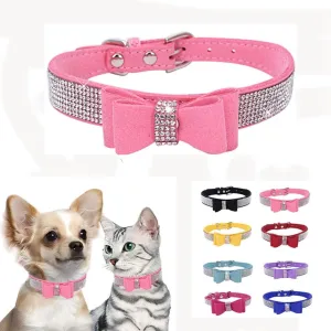 Diamond Dog Collar, Puppy Collar Girls, Bling Rhinestone Jewel Glitter Sparkly Bedazzled Cat Collars with Bow Adjustable for XXS,XS,Small Medium Large Breed Pets Female Dogs, Pink xx Small