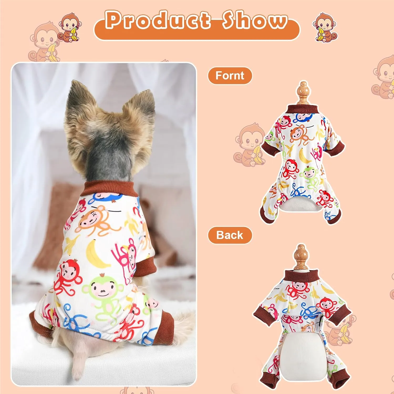 Dog Pajamas for Small Dogs Girl Boy Soft Cute Pet Pjs Fall Winter Warm Puppy Onesie Pet Clothes Stretchable Jumpsuits Puppy Sweaters Outfits for Chihuahua Yorkie Cat (Monkey, M)