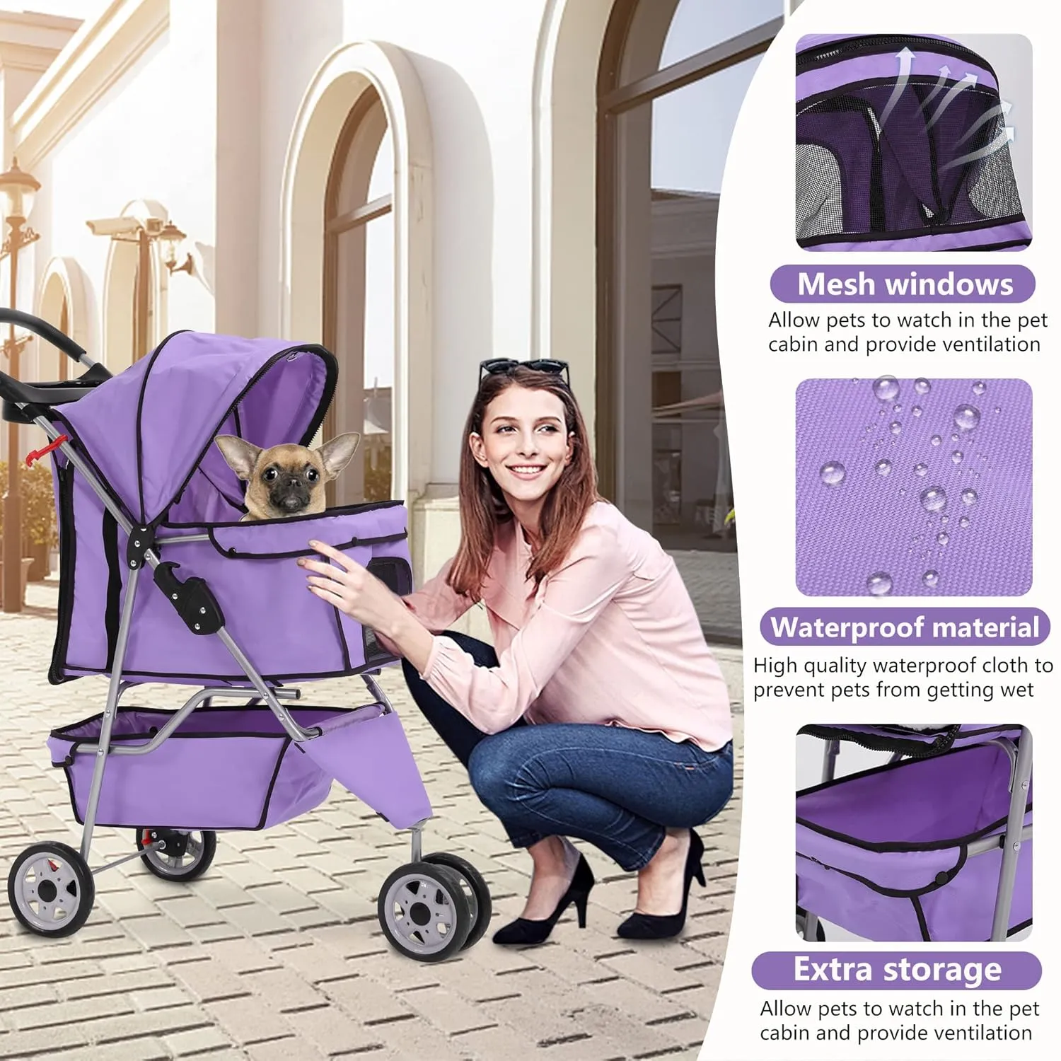 Dog Stroller,Travel Folding Pet Stroller for Small Medium Dog Cat Jogger Stroller with Storage Basket Removable Cup Holders (Purple, 3 Wheels)
