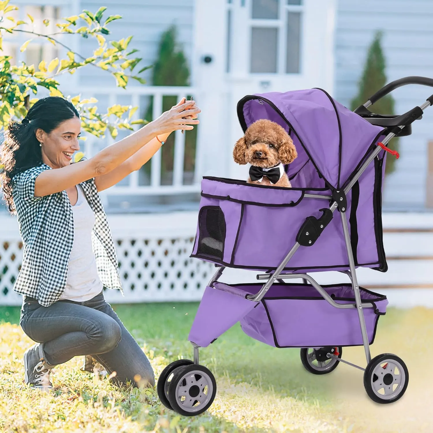 Dog Stroller,Travel Folding Pet Stroller for Small Medium Dog Cat Jogger Stroller with Storage Basket Removable Cup Holders (Purple, 3 Wheels)