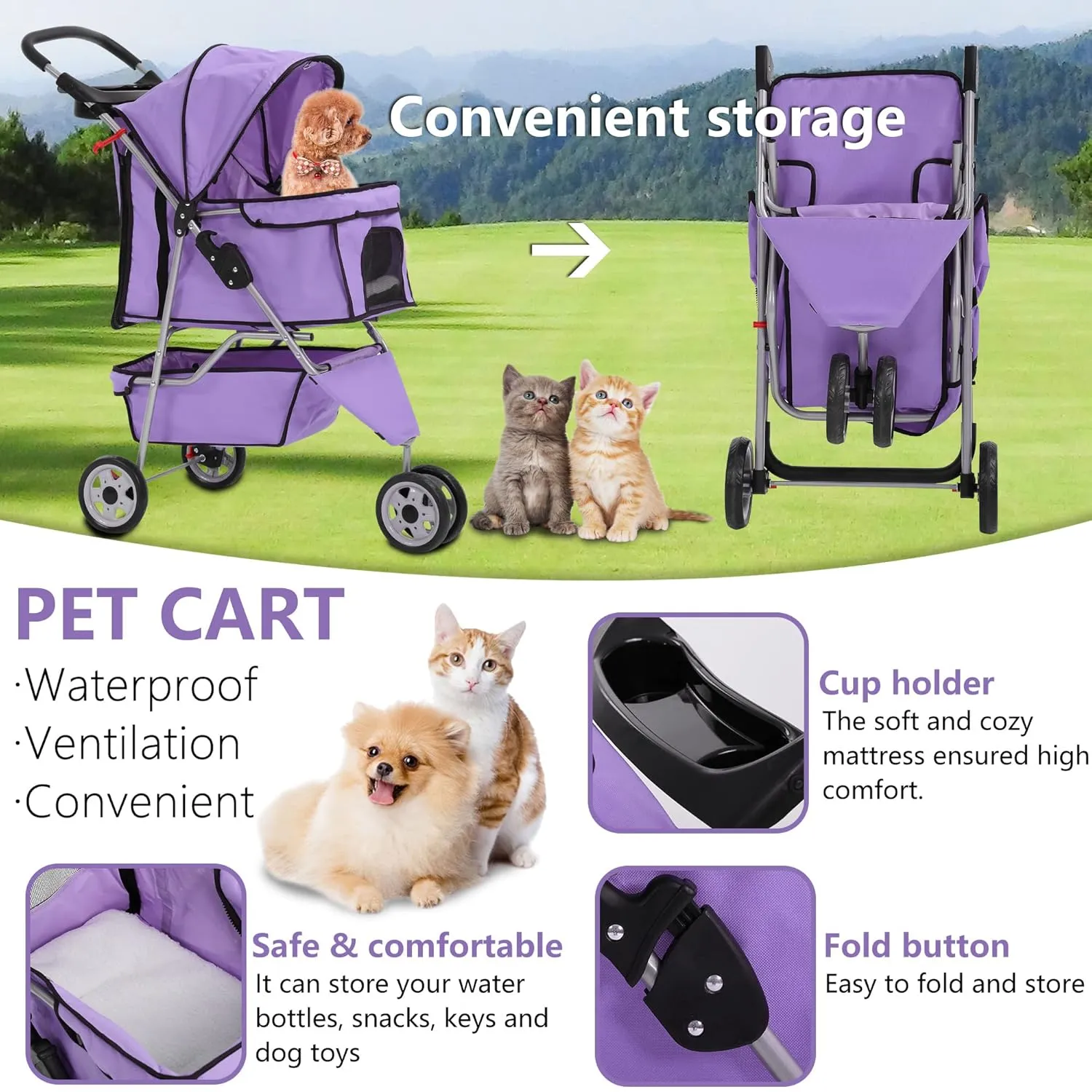 Dog Stroller,Travel Folding Pet Stroller for Small Medium Dog Cat Jogger Stroller with Storage Basket Removable Cup Holders (Purple, 3 Wheels)