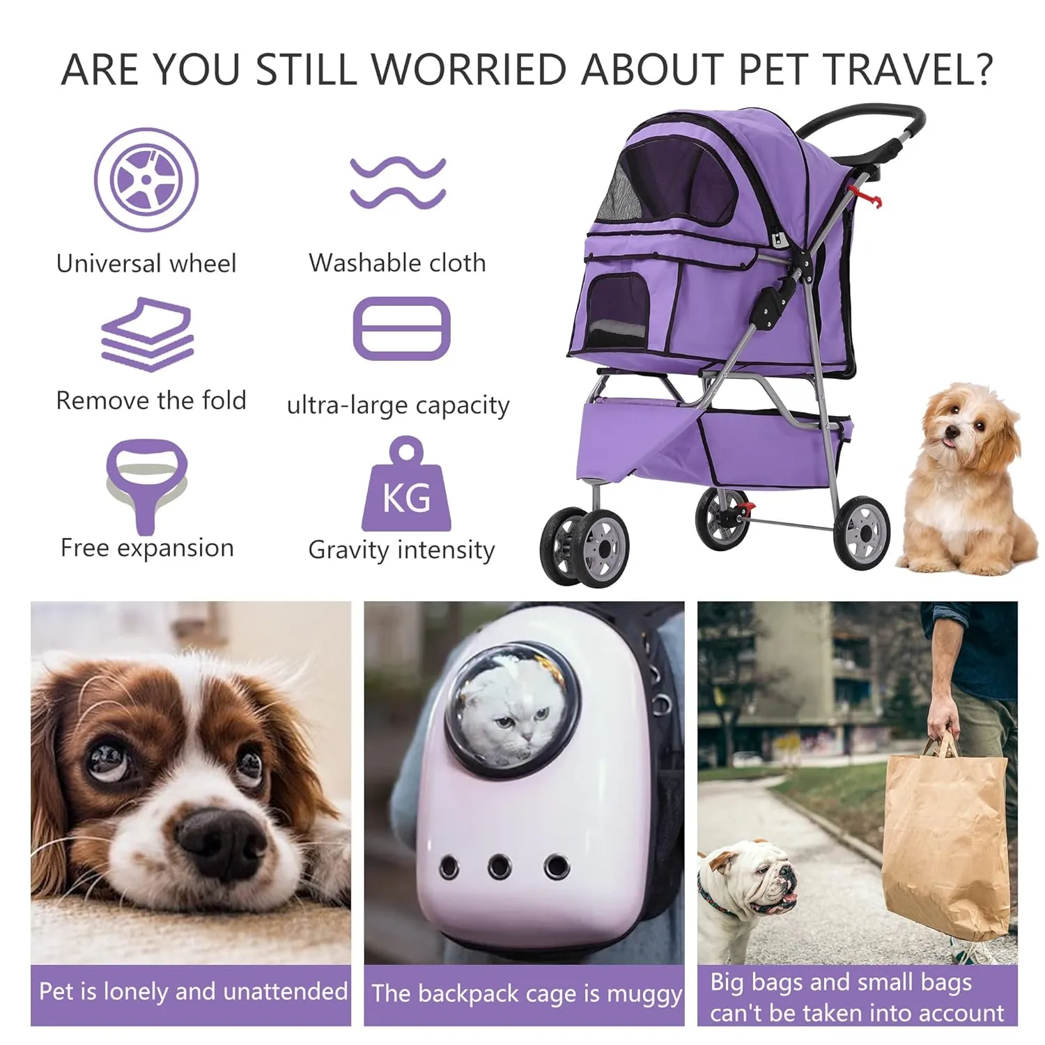 Dog Stroller,Travel Folding Pet Stroller for Small Medium Dog Cat Jogger Stroller with Storage Basket Removable Cup Holders (Purple, 3 Wheels)