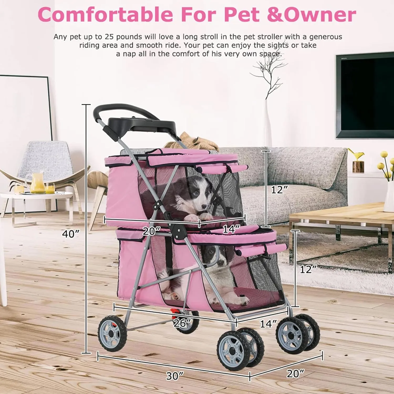 Double Layer Dog Stroller for 2 Small Dogs/Cats, 4 Wheels Pet Jogger With Removable Liner, Storage Basket, Rear Wheel Break - Folding Double Decker Portable Crate