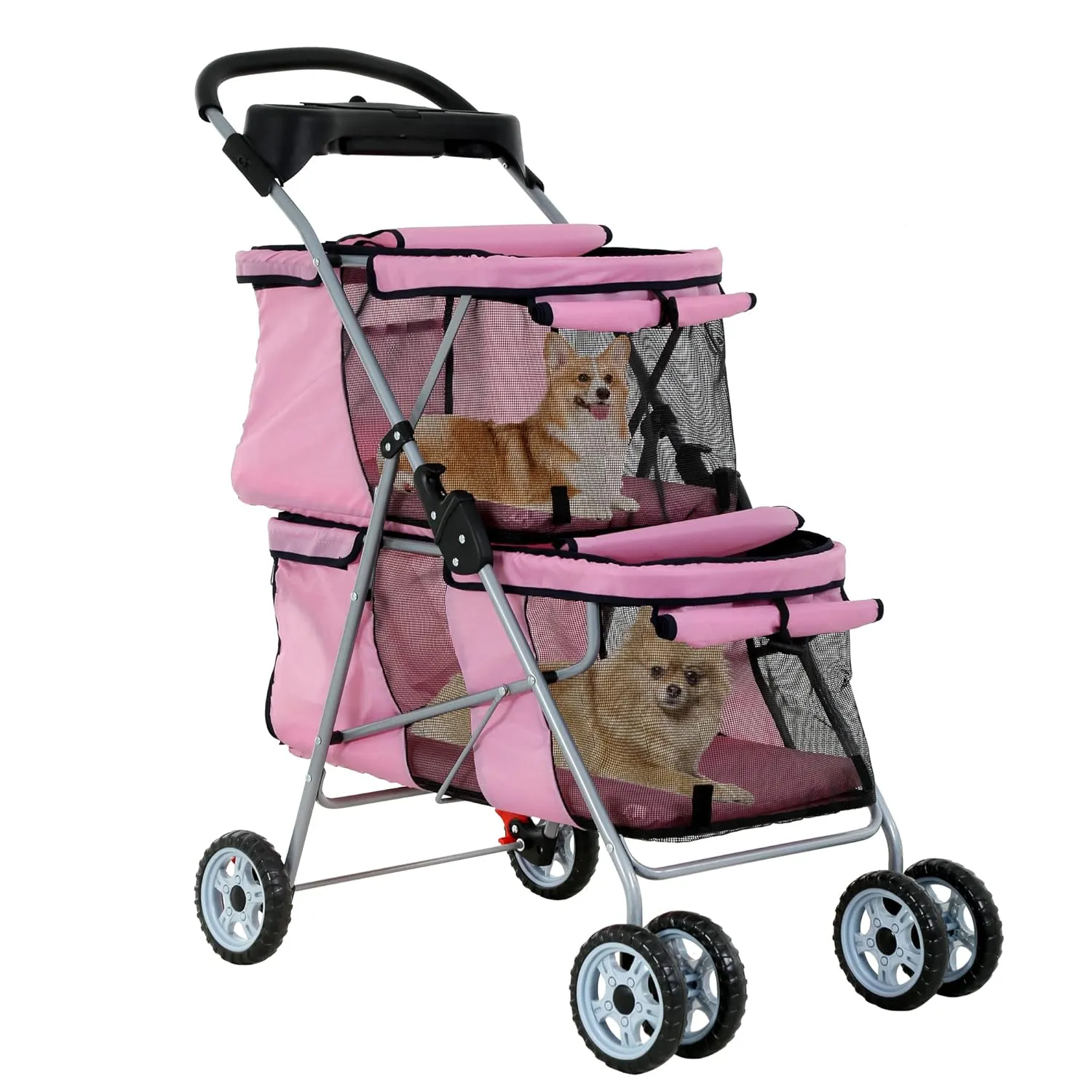 Double Layer Dog Stroller for 2 Small Dogs/Cats, 4 Wheels Pet Jogger With Removable Liner, Storage Basket, Rear Wheel Break - Folding Double Decker Portable Crate