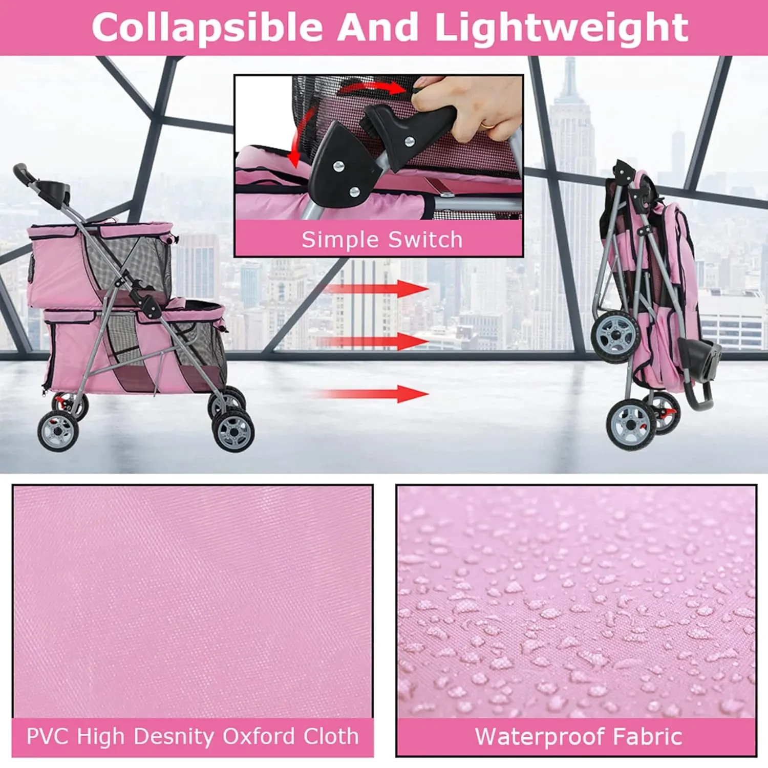Double Layer Dog Stroller for 2 Small Dogs/Cats, 4 Wheels Pet Jogger With Removable Liner, Storage Basket, Rear Wheel Break - Folding Double Decker Portable Crate
