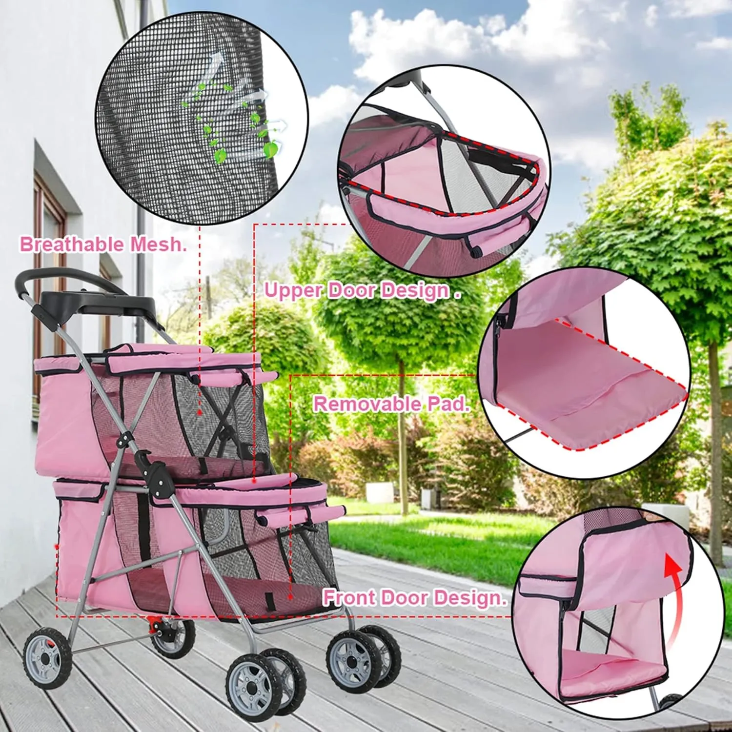 Double Layer Dog Stroller for 2 Small Dogs/Cats, 4 Wheels Pet Jogger With Removable Liner, Storage Basket, Rear Wheel Break - Folding Double Decker Portable Crate