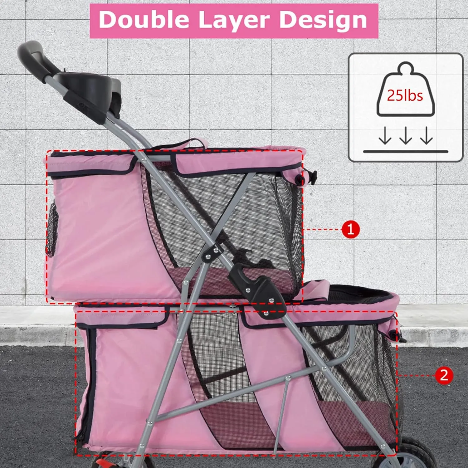 Double Layer Dog Stroller for 2 Small Dogs/Cats, 4 Wheels Pet Jogger With Removable Liner, Storage Basket, Rear Wheel Break - Folding Double Decker Portable Crate