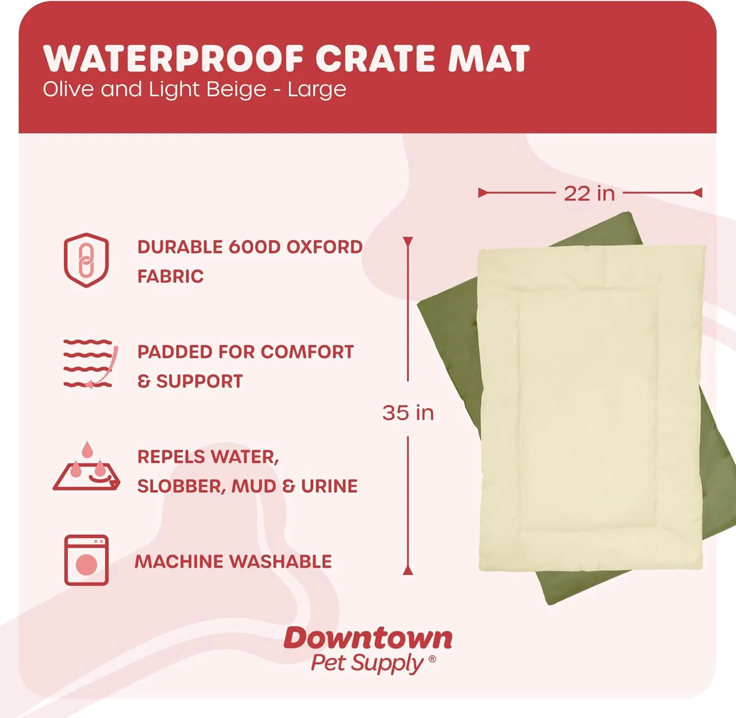Downtown Pet Supply Dog Crate Pad, 35" x 22" - Waterproof, Ripstop Nylon Dog Crate Mat Chew Proof and Machine Washable - Olive and Light Beige - L