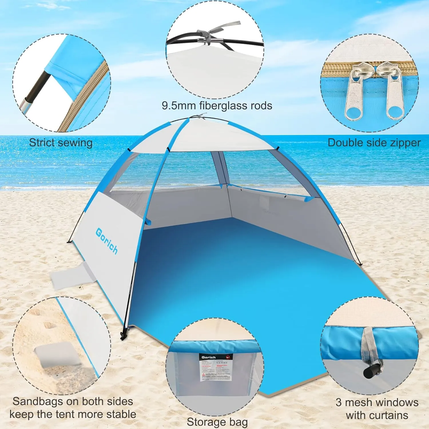 Gorich Beach Tent Sun Shelter for 3/4-5/6-7/8-10 Person with UPF 50 UV Protection, Lightweight & Easy Setup Beach Shade Canopy, Portable Beach Shade Tent Beach Cabana