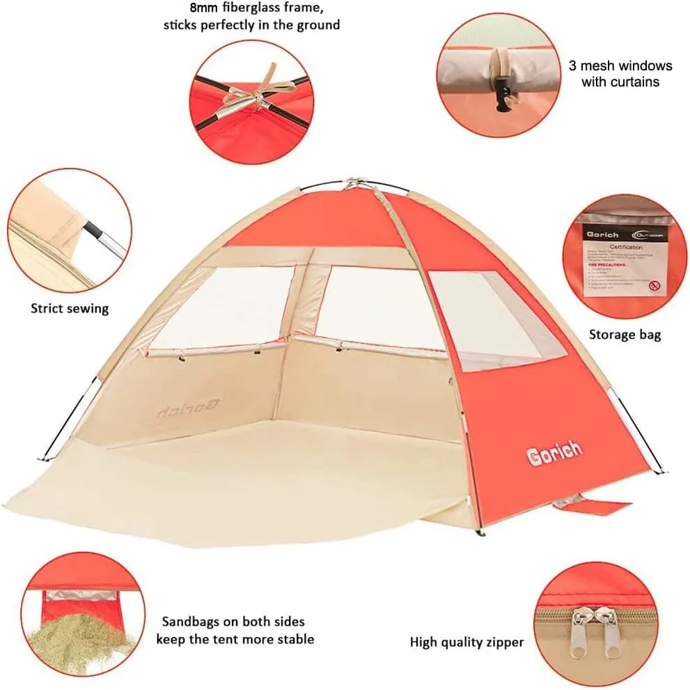 Gorich Beach Tent Sun Shelter for 3/4-5/6-7/8-10 Person with UPF 50 UV Protection, Lightweight & Easy Setup Beach Shade Canopy, Portable Beach Shade Tent Beach Cabana