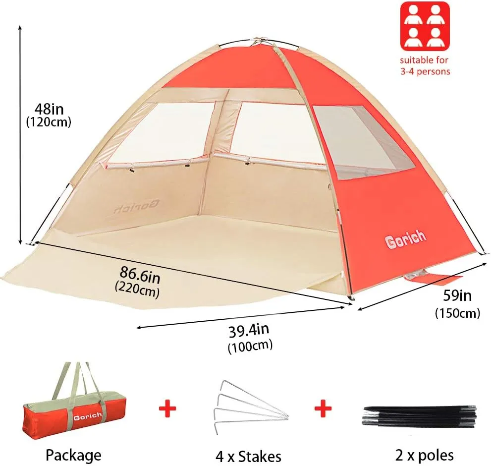 Gorich Beach Tent Sun Shelter for 3/4-5/6-7/8-10 Person with UPF 50 UV Protection, Lightweight & Easy Setup Beach Shade Canopy, Portable Beach Shade Tent Beach Cabana