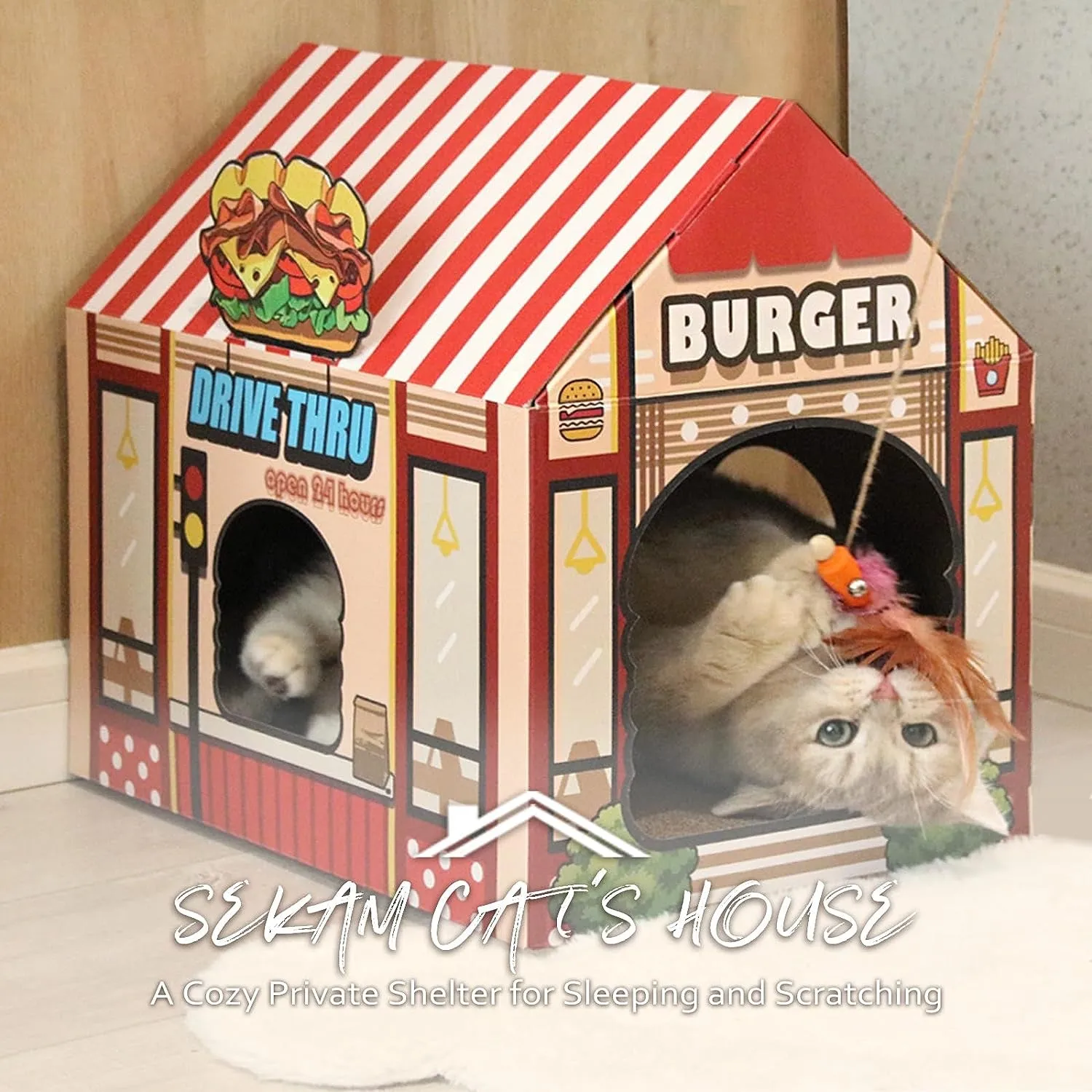 Kitty Burger Shop Cardboard Cat House & Scratcher - Meet Burger Buddy! 🍔🐱