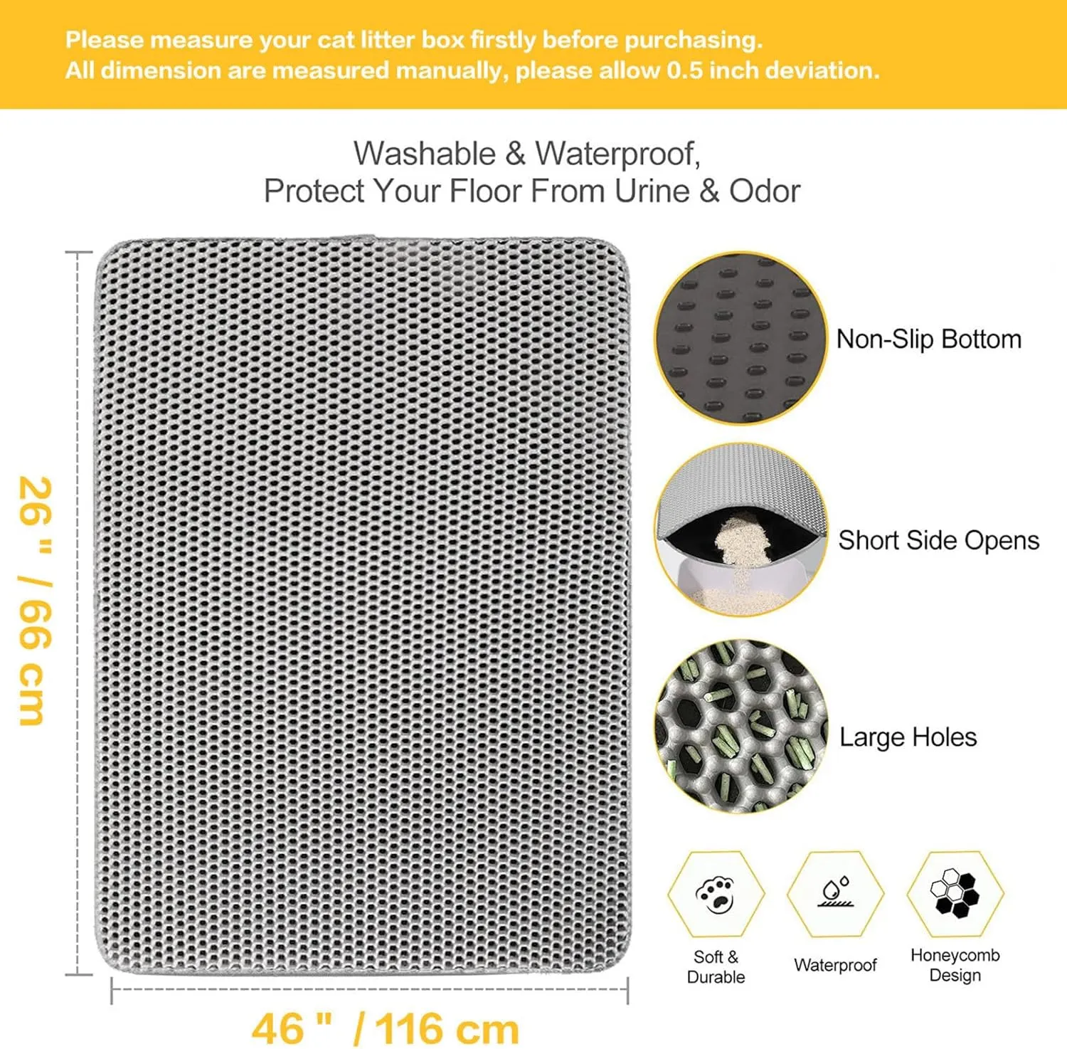 Litter Mat, 24X35In/26X46In Double Layer Easy Clean Cat Pads for Litter Box Cat Litter Trap Mats, Less Waste,Soft On Paws,Non-Slip,24X35In-Gray