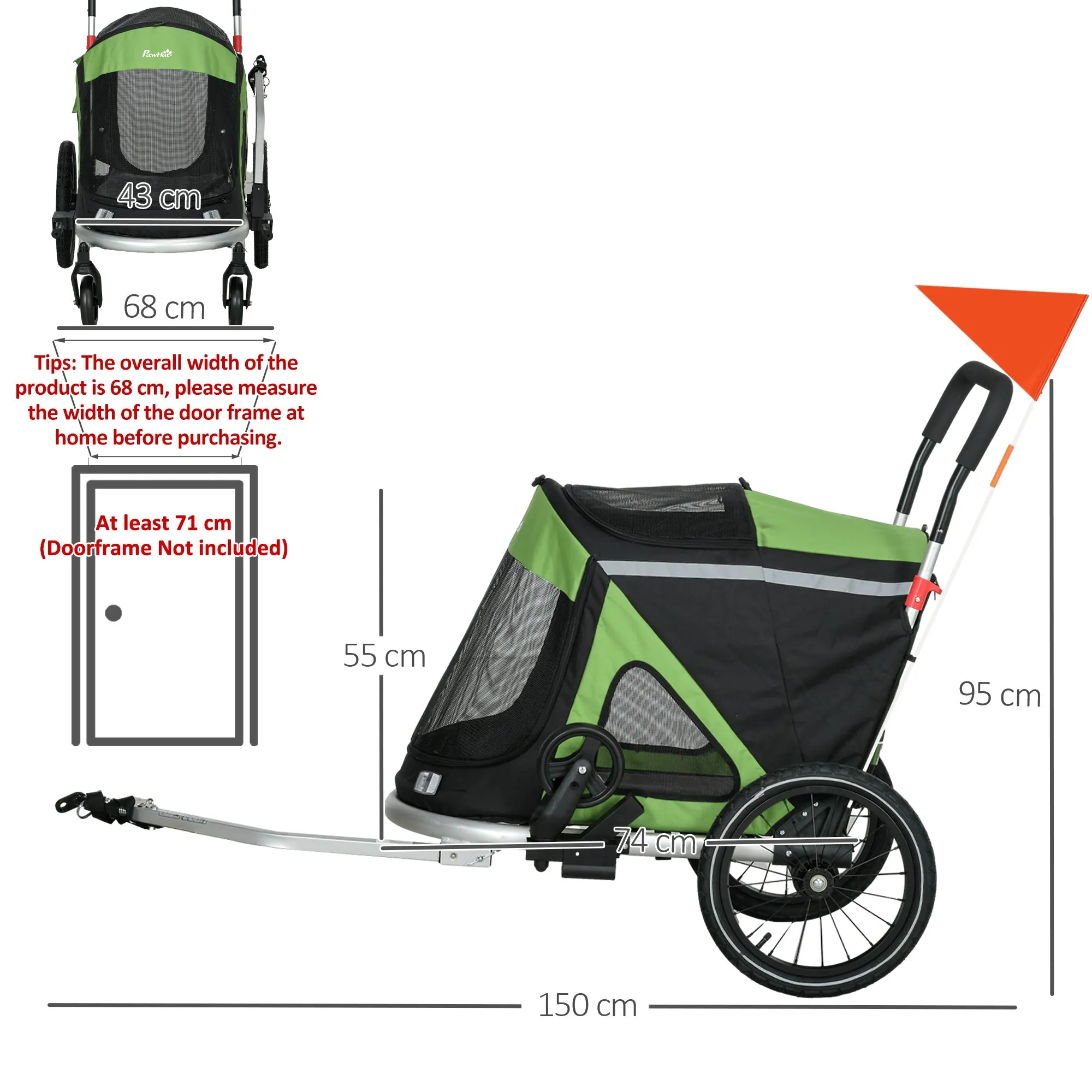 PawHut 2 in 1 Dog Bike Trailer, Foldable Dog Stroller for Medium Dogs