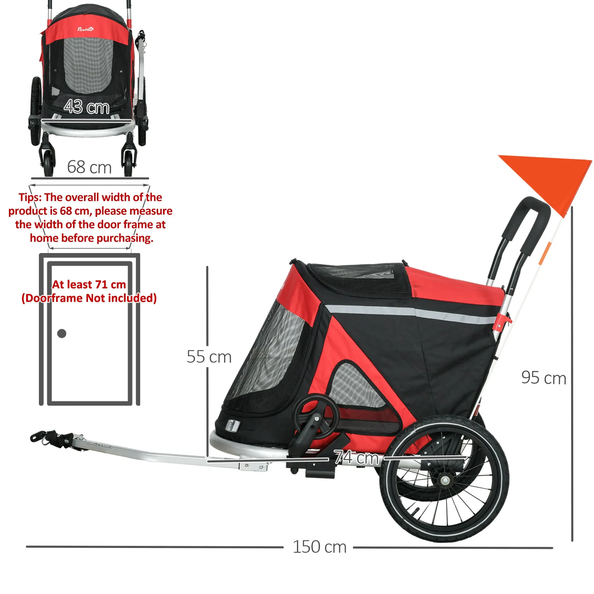 PawHut 2 in 1 Dog Bike Trailer, Foldable Dog Stroller for Medium Dogs