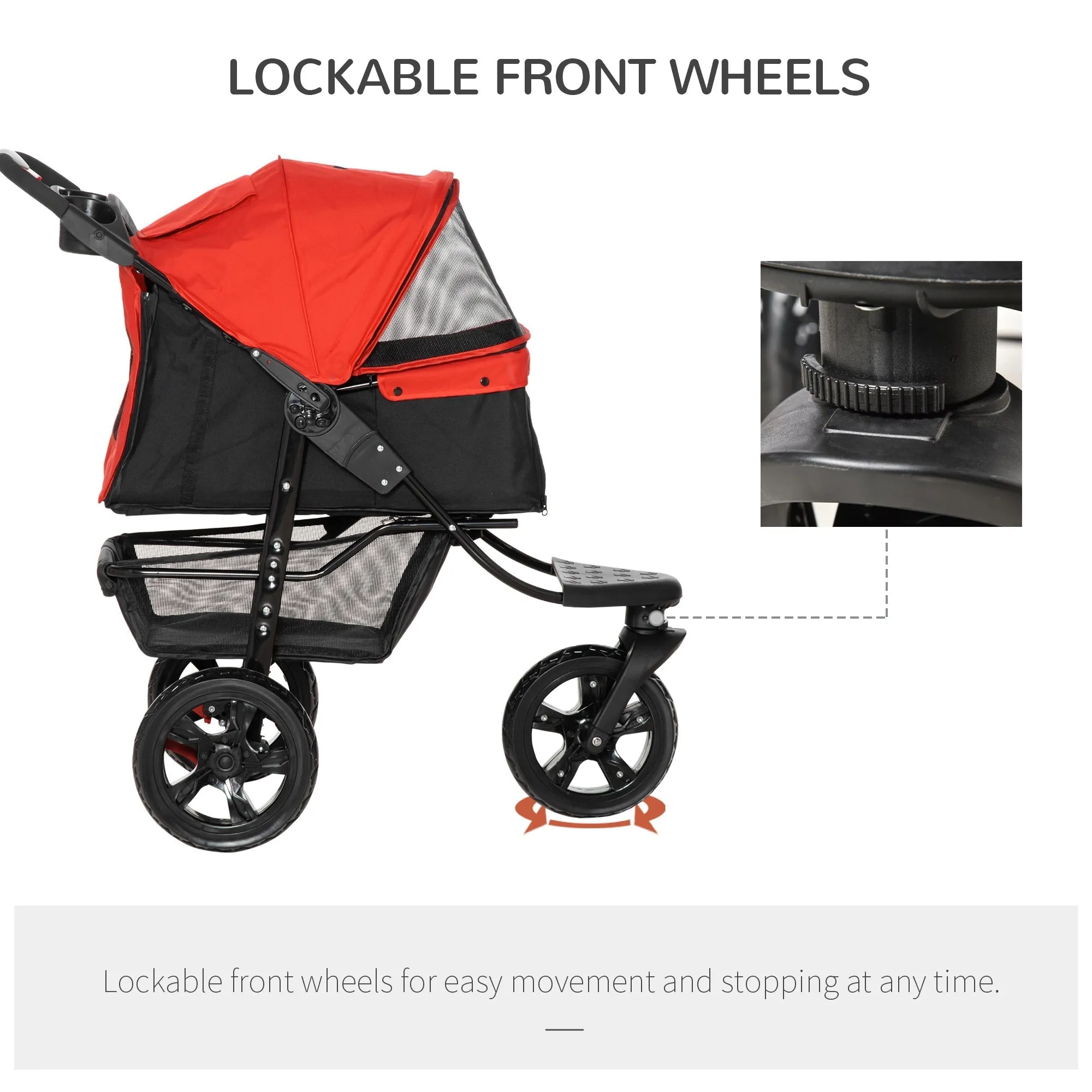 Pawhut Oxford Cloth Folding 3-Wheel Pet Stroller Dog Trolley Red/Black