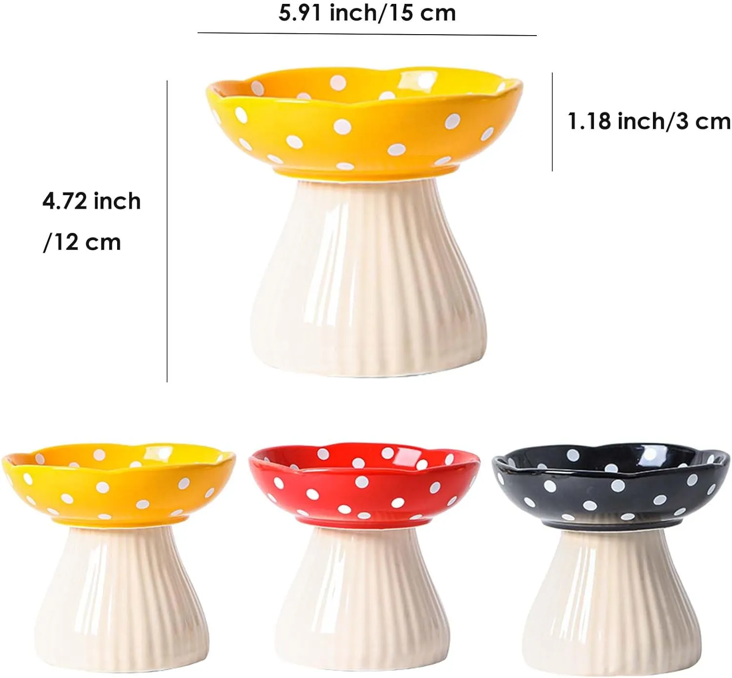 Raised Cat Bowl, Cute Mushroom Pet Feeder, Elevated Kitten Bowl, Ceramic Raised Pet Bowls for Food and Water, Wide Shallow Cat Dish, Whisker Fatigue (Yellow)
