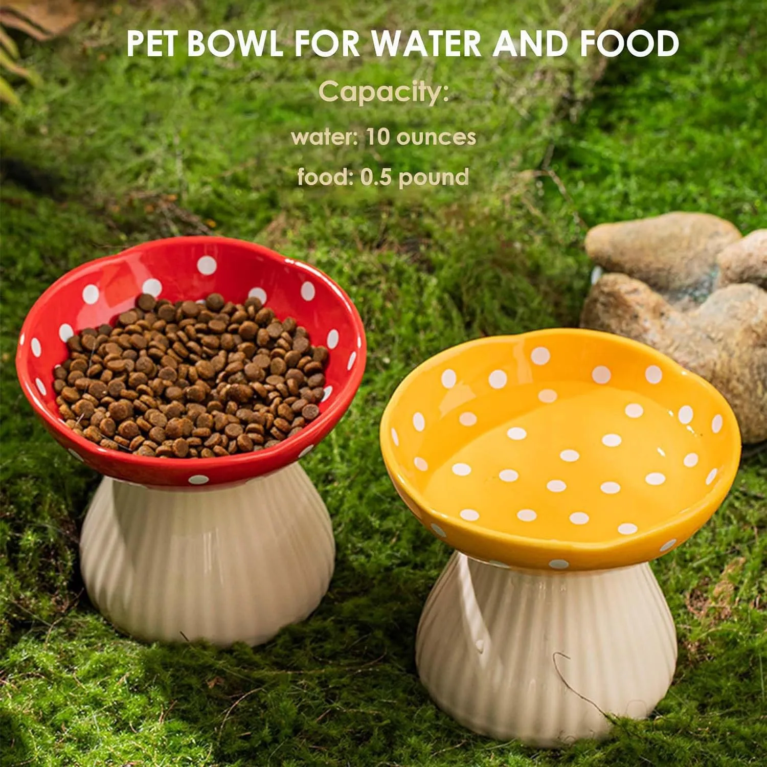 Raised Cat Bowl, Cute Mushroom Pet Feeder, Elevated Kitten Bowl, Ceramic Raised Pet Bowls for Food and Water, Wide Shallow Cat Dish, Whisker Fatigue (Yellow)