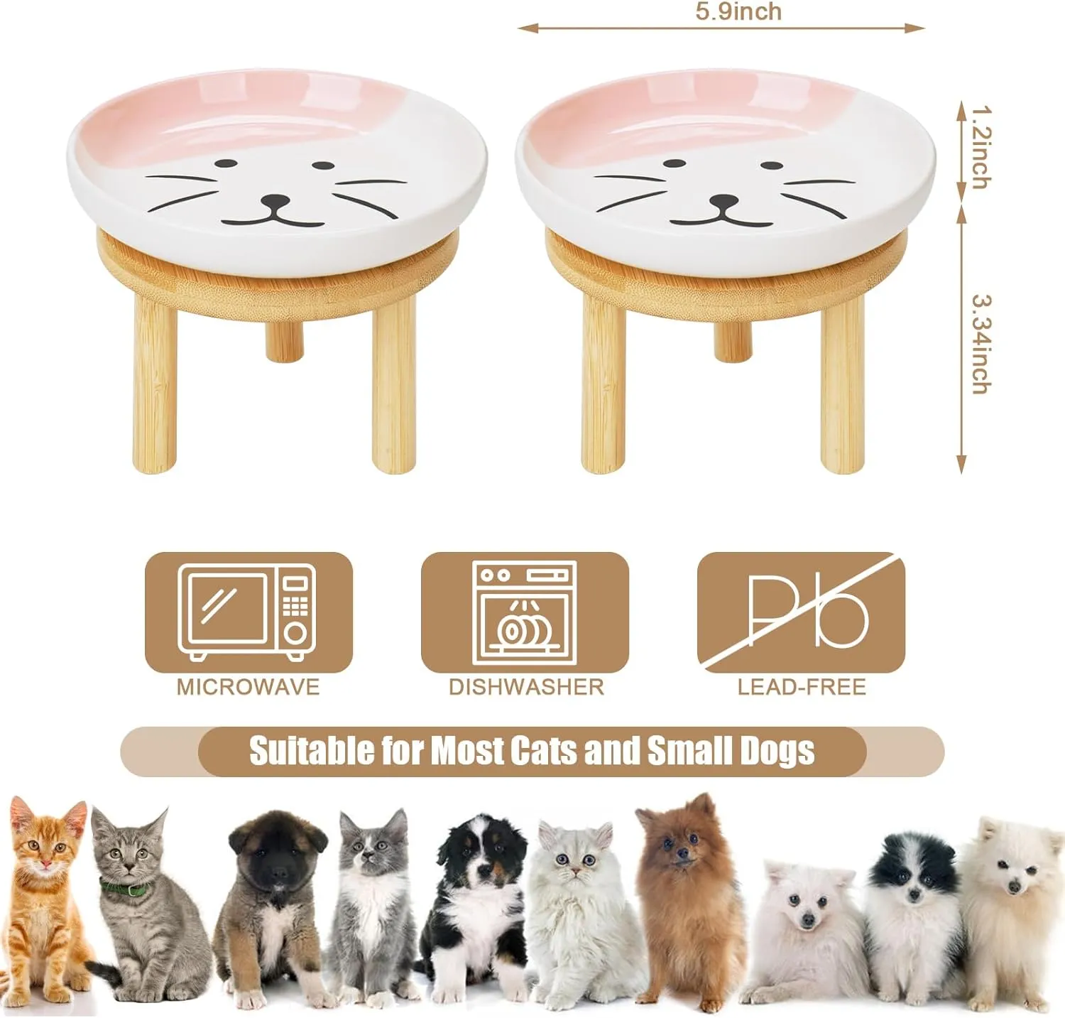 Shallow Elevated Cat Bowls with Bamboo Stand, 5.9 Inch Wide Ceramic Cat Dish Whisker Friendly, 2 Pack Pet Food and Water Plates