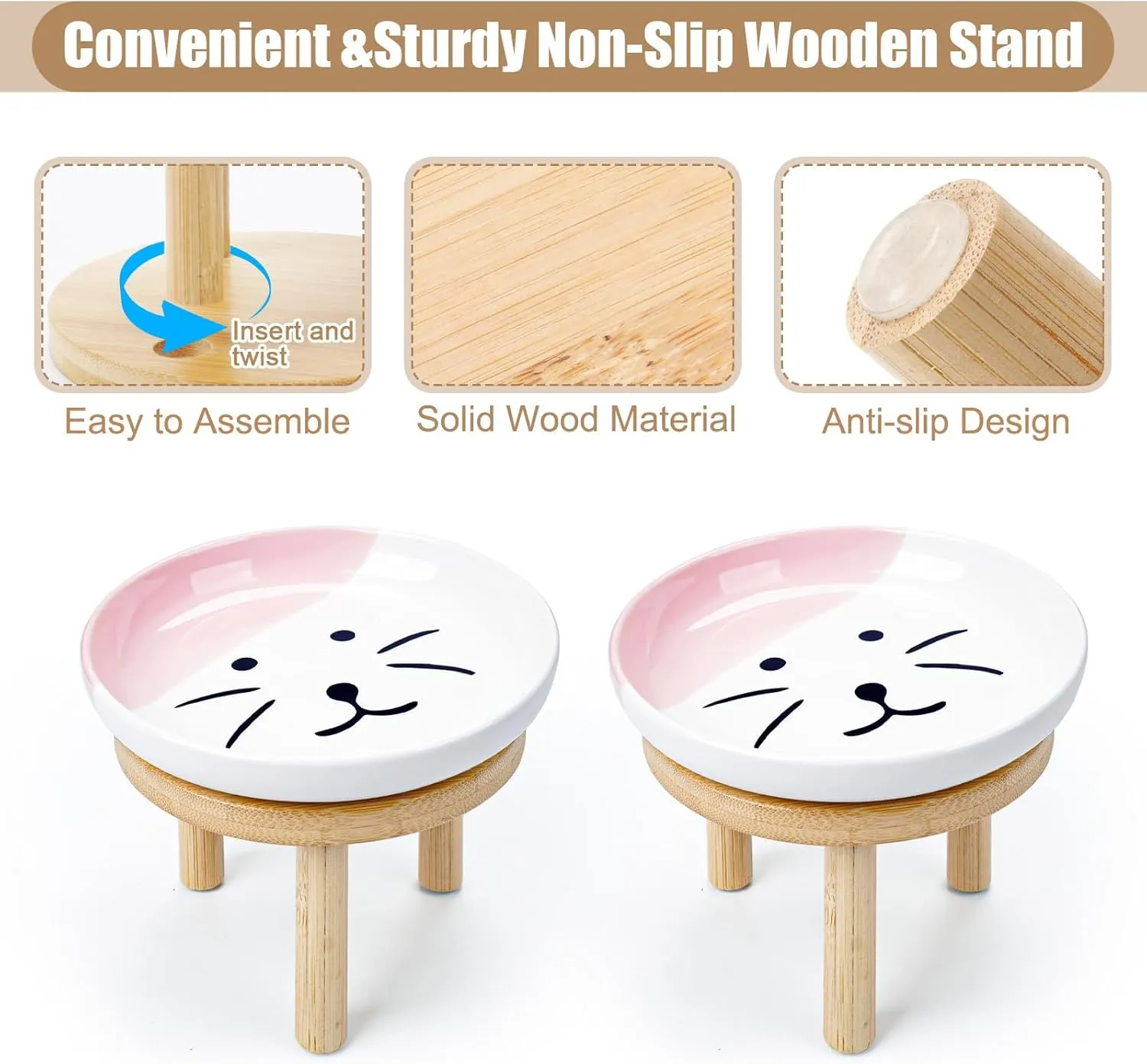 Shallow Elevated Cat Bowls with Bamboo Stand, 5.9 Inch Wide Ceramic Cat Dish Whisker Friendly, 2 Pack Pet Food and Water Plates