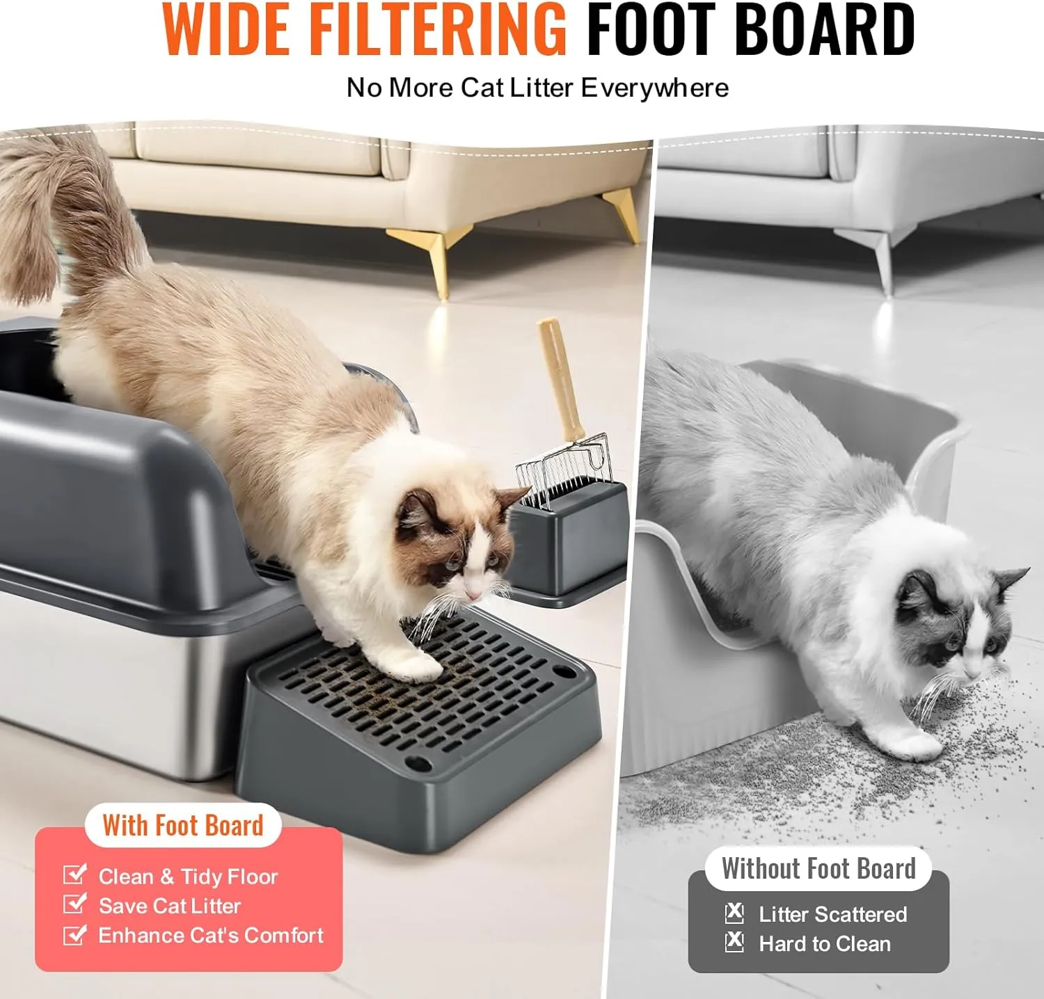 VEVOR Stainless Steel Cat Litter Box with Lid, XL Extra Large Enclosed Cat Box for Big Cats, High Sides Metal Litter Box, Anti Leakage,Odor-Free & Easy Cleaning,Include Scoop & Foot Board