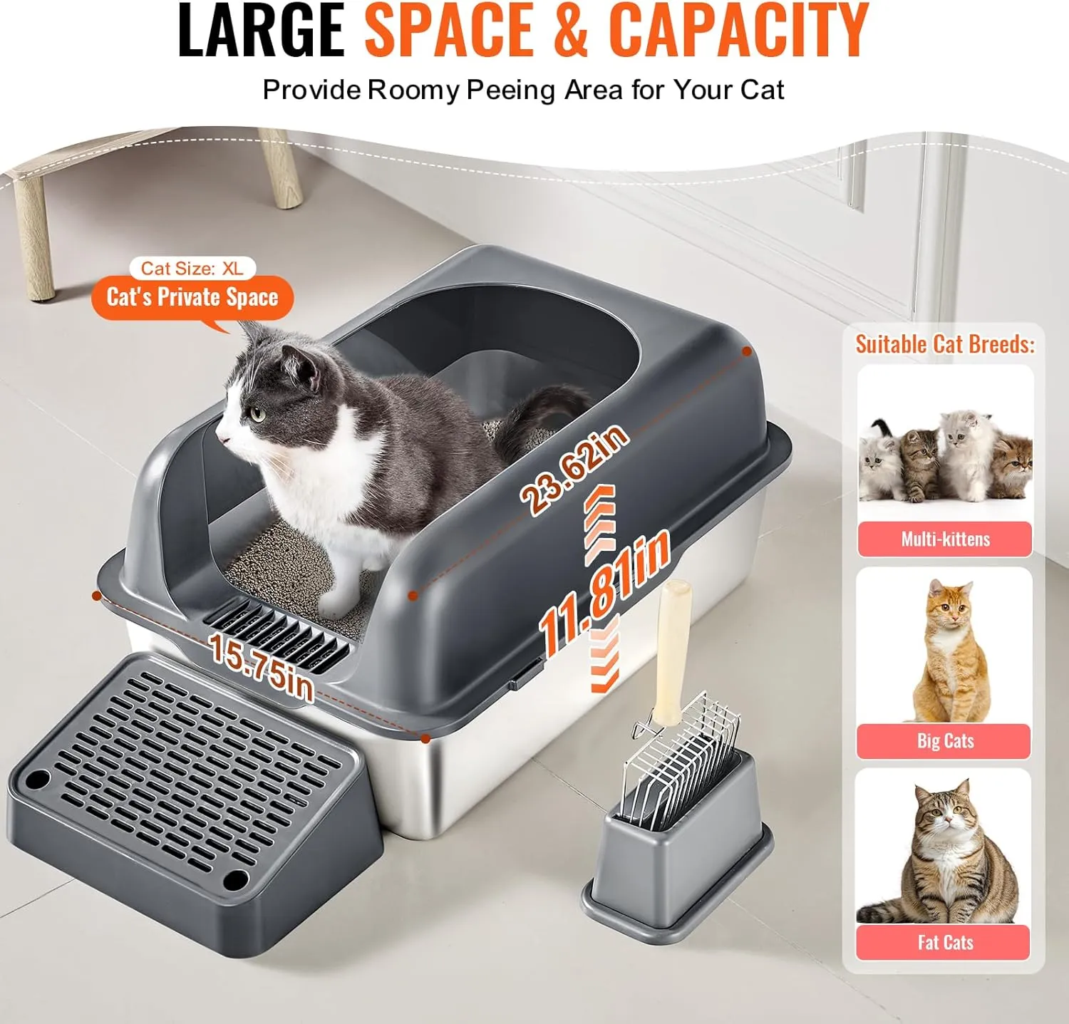 VEVOR Stainless Steel Cat Litter Box with Lid, XL Extra Large Enclosed Cat Box for Big Cats, High Sides Metal Litter Box, Anti Leakage,Odor-Free & Easy Cleaning,Include Scoop & Foot Board