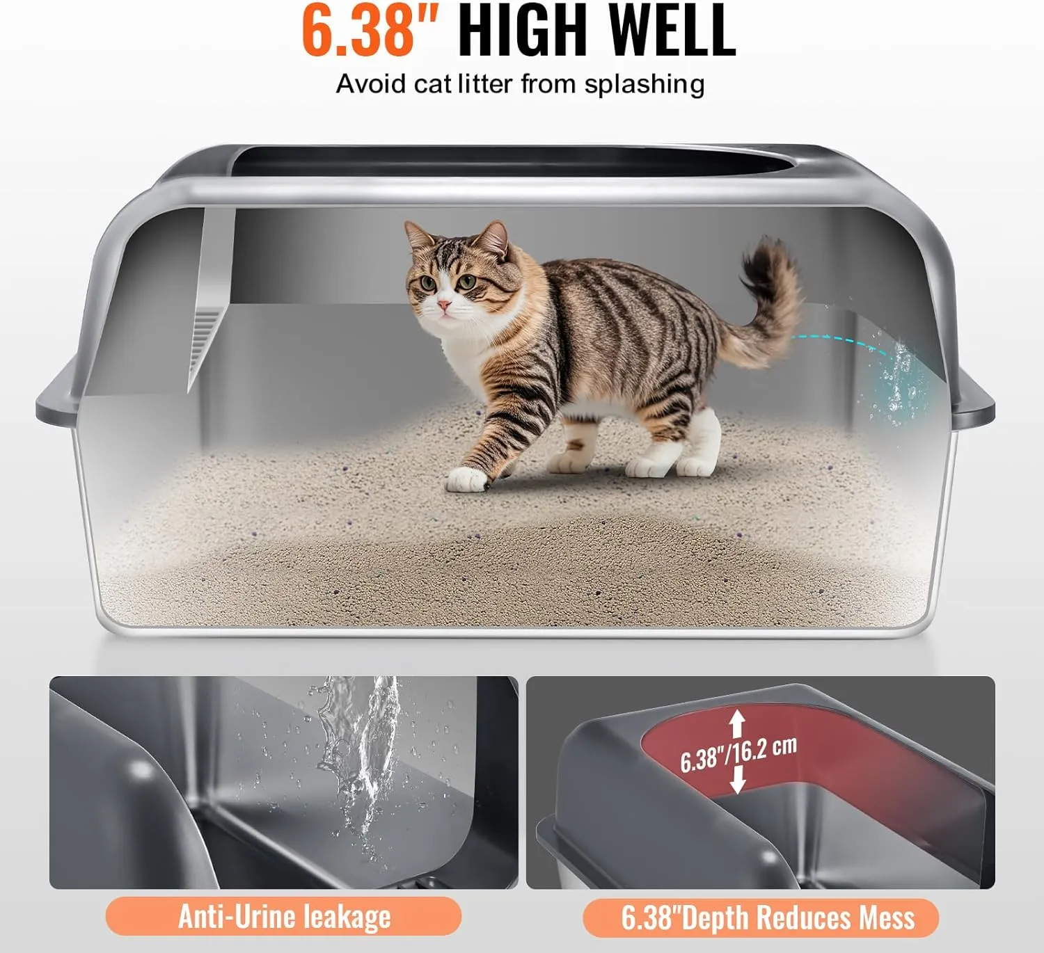VEVOR Stainless Steel Cat Litter Box with Lid, XL Extra Large Enclosed Cat Box for Big Cats, High Sides Metal Litter Box, Anti Leakage,Odor-Free & Easy Cleaning,Include Scoop & Foot Board
